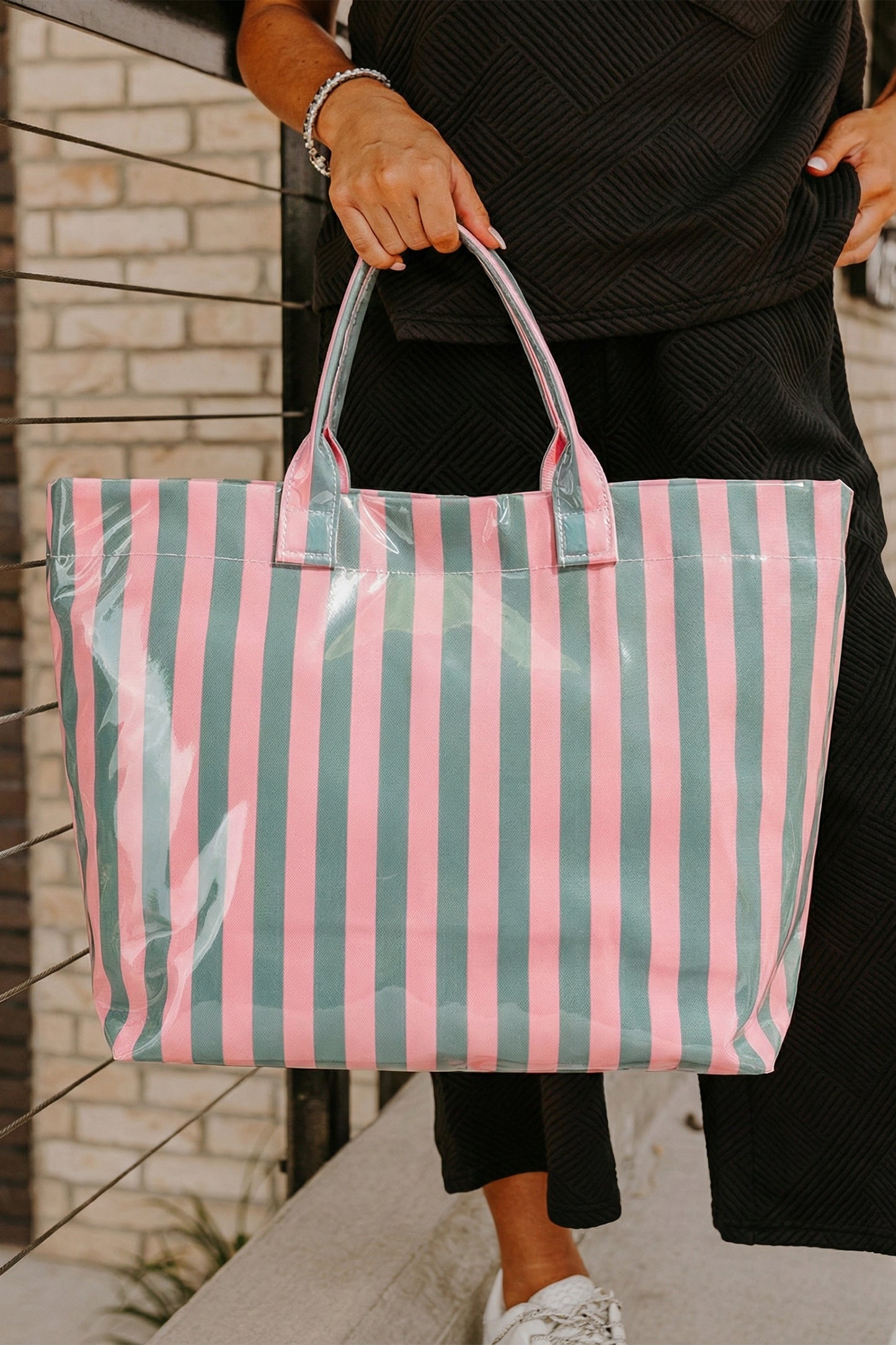Rose Red Glossy Striped Vinyl Large Tote Bag