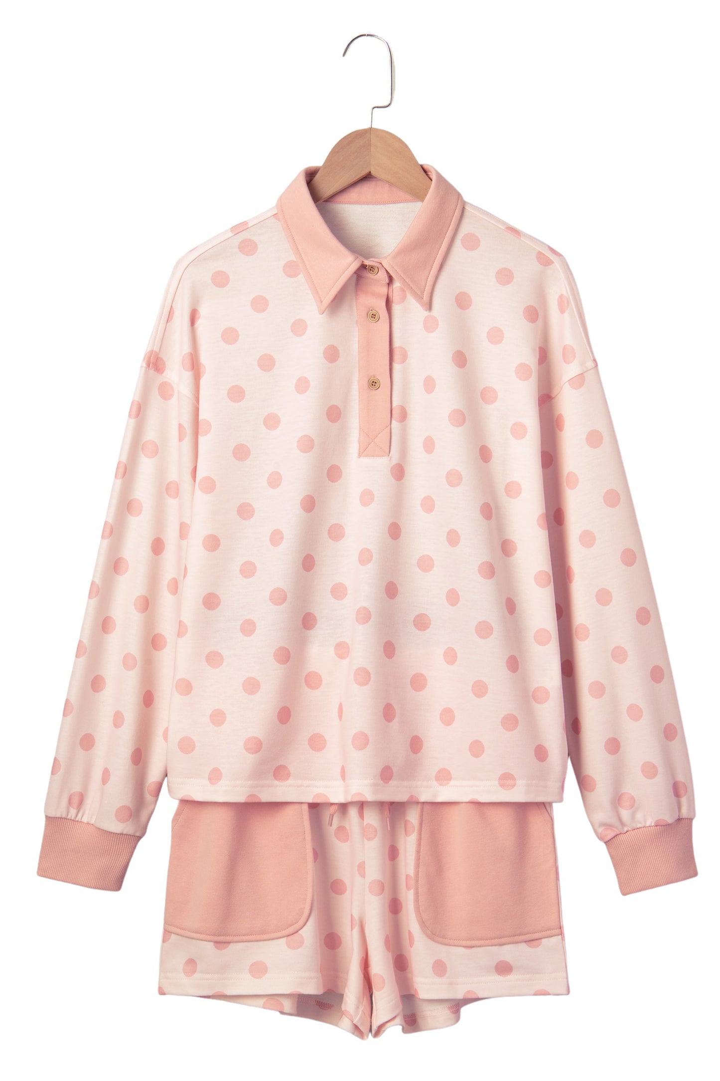 Pink Polka Dot Drop Shoulder Polo Loose Pullover Patch Pocket Casual Shorts Set