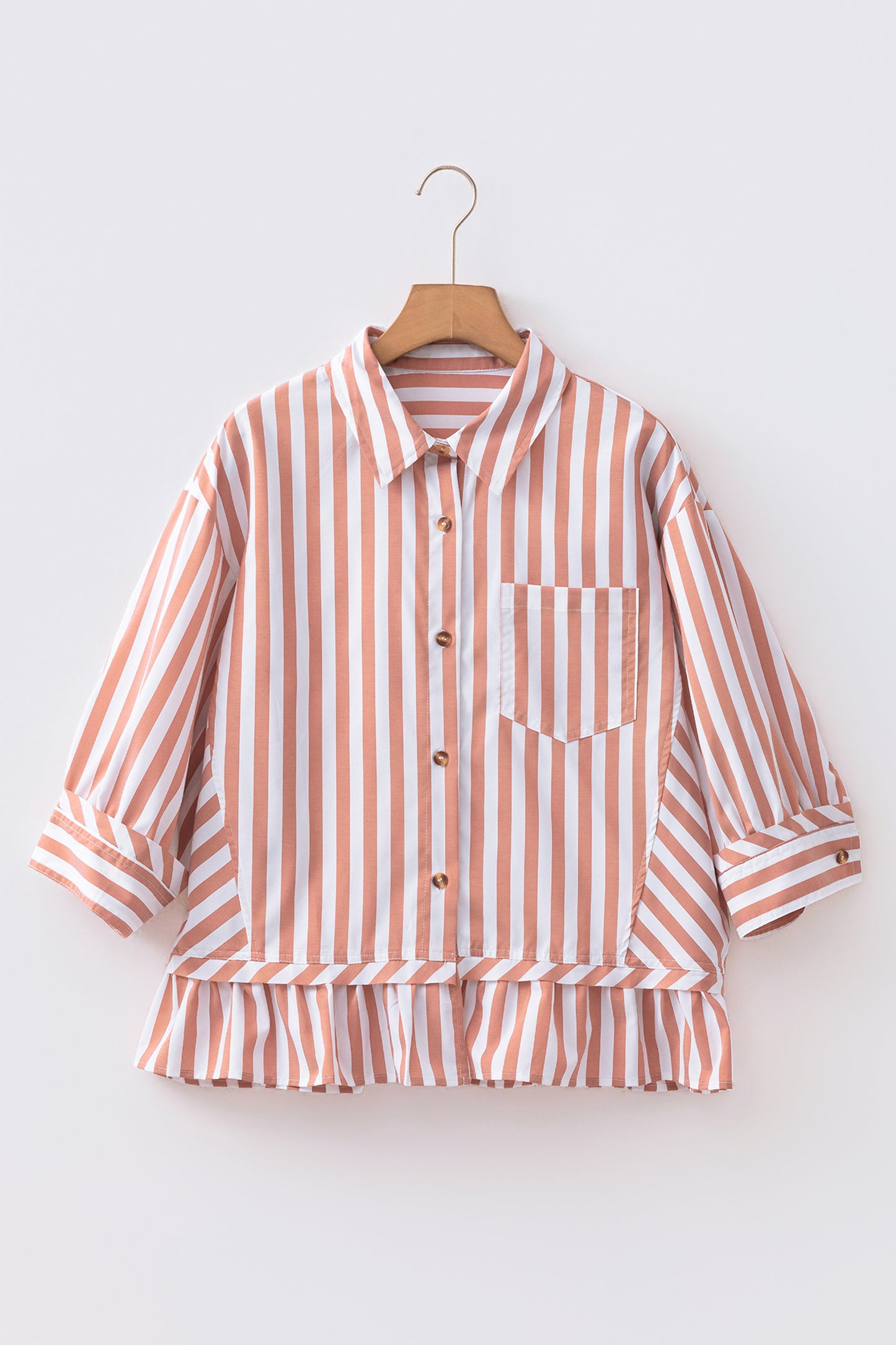 Khaki Stripe Button Front Ruffle Hem Bracelet Sleeve Shirt