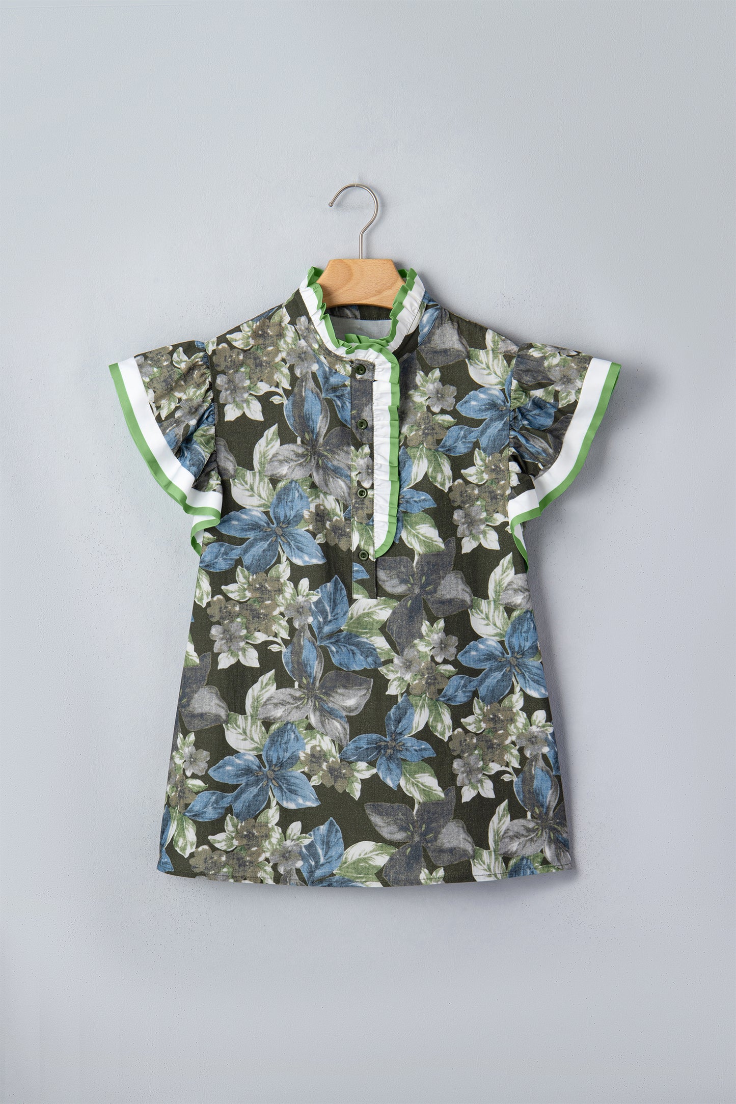 Green Ruffled Short Sleeve Floral Summer Blouse