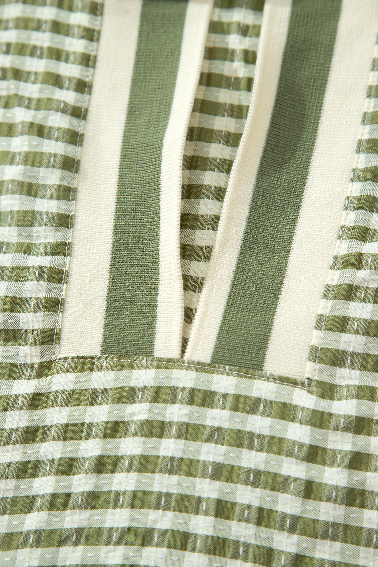 Green Plaid Short Sleeve Colorblock Trim Split Neck Blouse