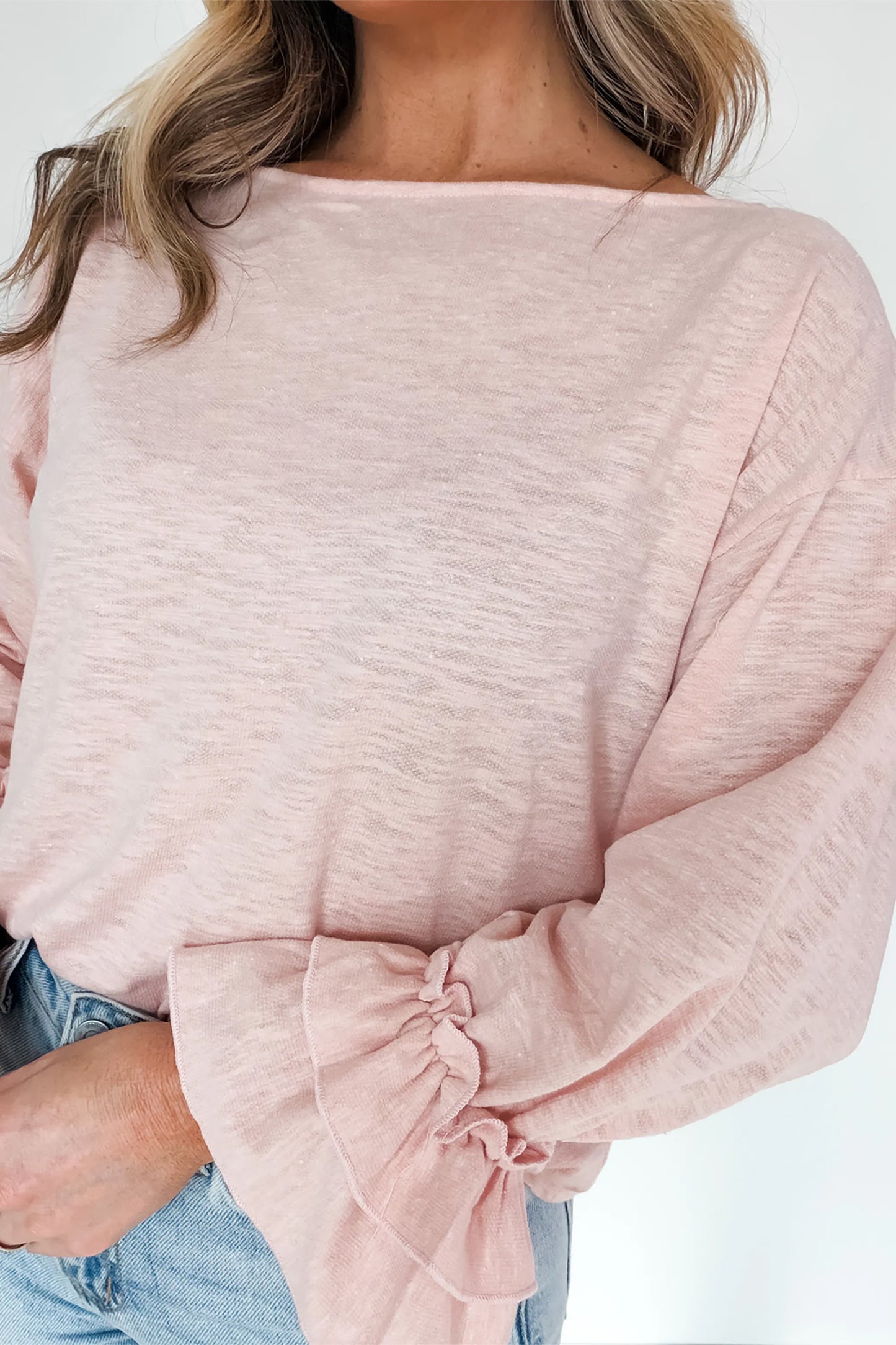 Gossamer Pink Ruffle Sleeve Long Sleeve Loose Pullover Top