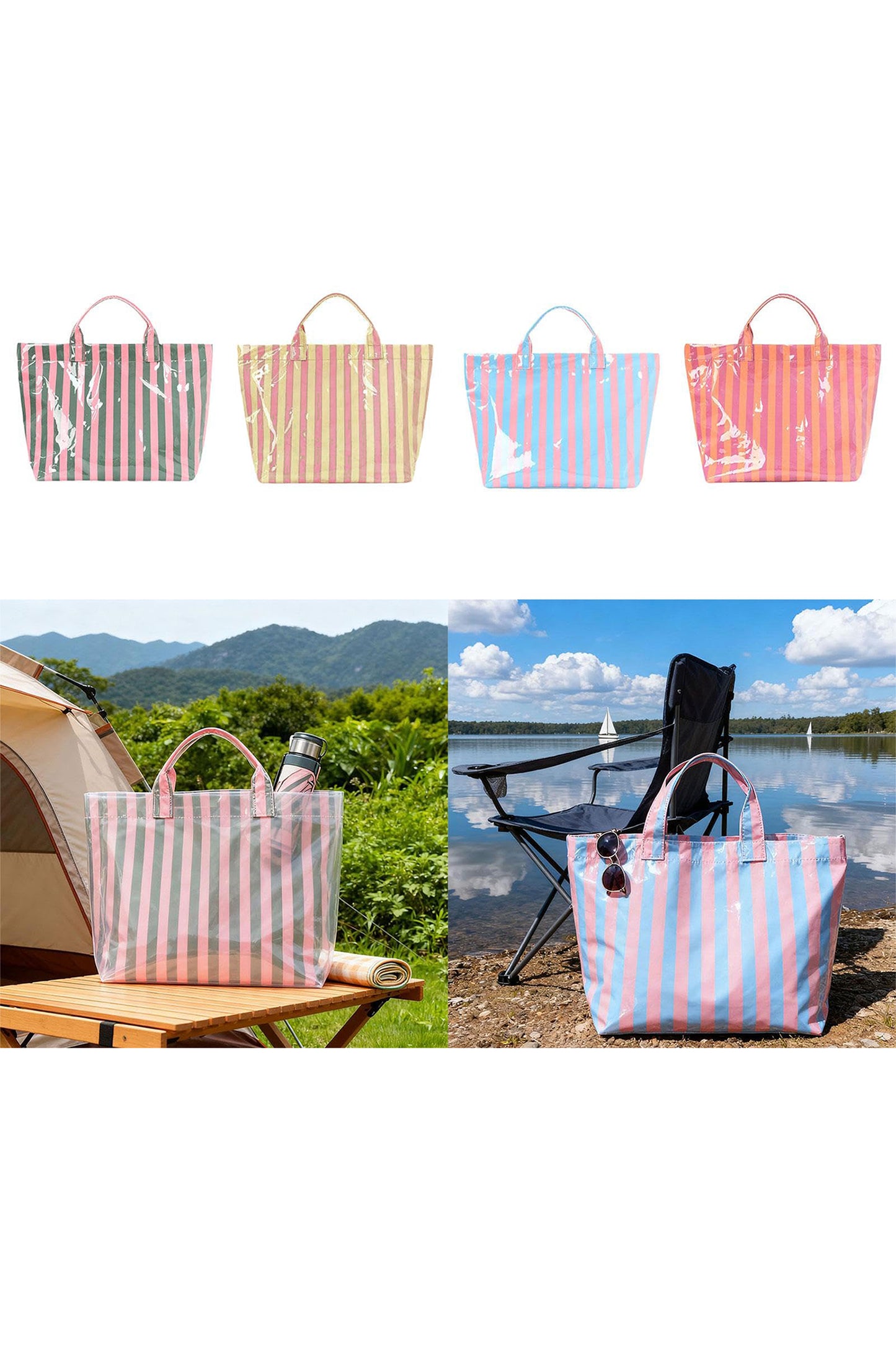 Rose Red Glossy Striped Vinyl Large Tote Bag