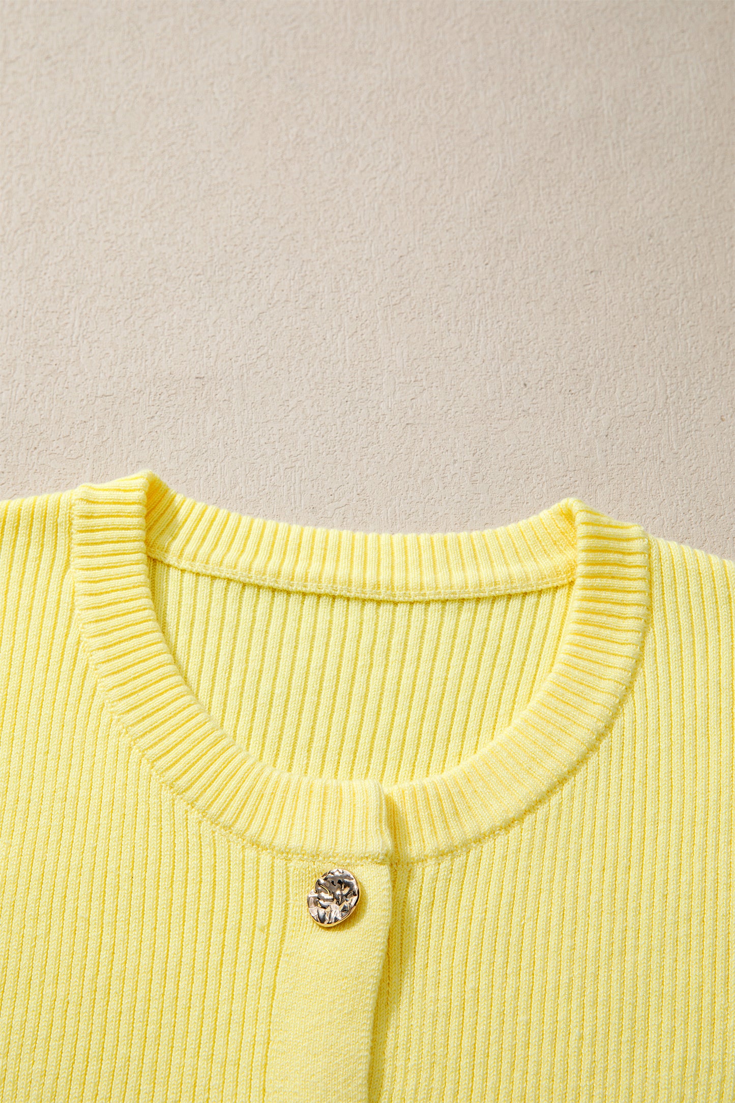 Yellow Cream Ribbed Knit Contrast Frilled Short Sleeve Sweater Cardigan