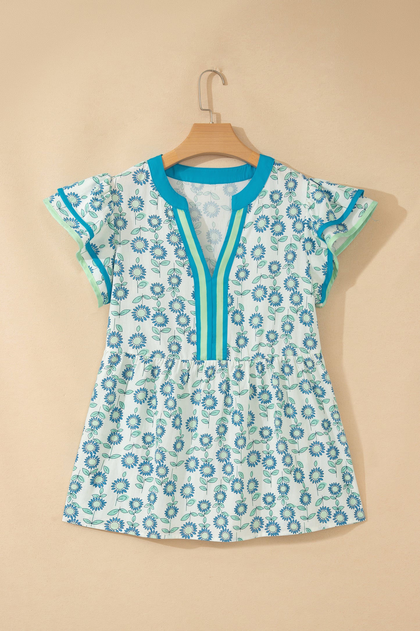 Green Sunflower Printed Contrast Trim V Neck Flutter Sleeve Blouse