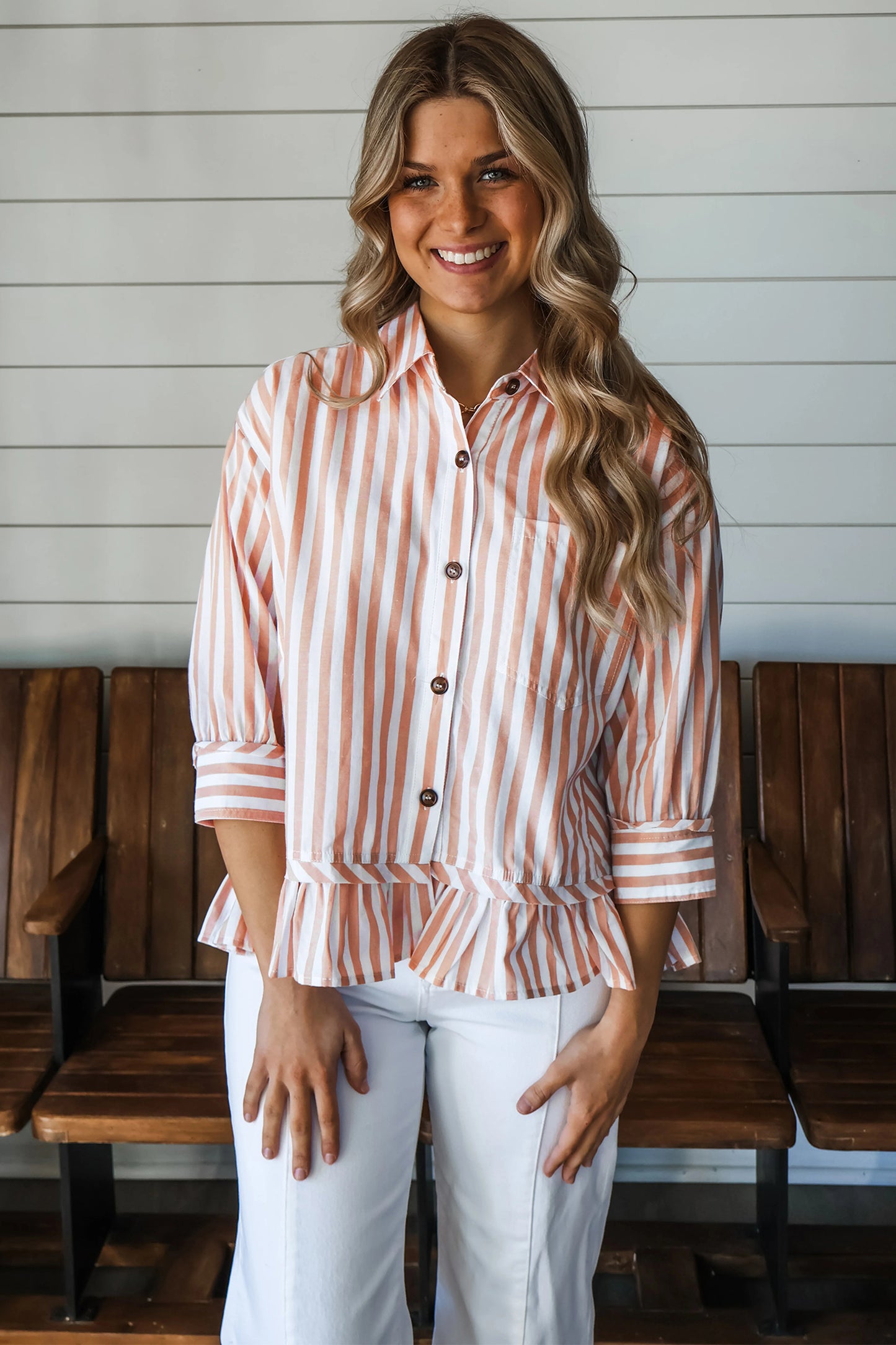 Khaki Stripe Button Front Ruffle Hem Bracelet Sleeve Shirt