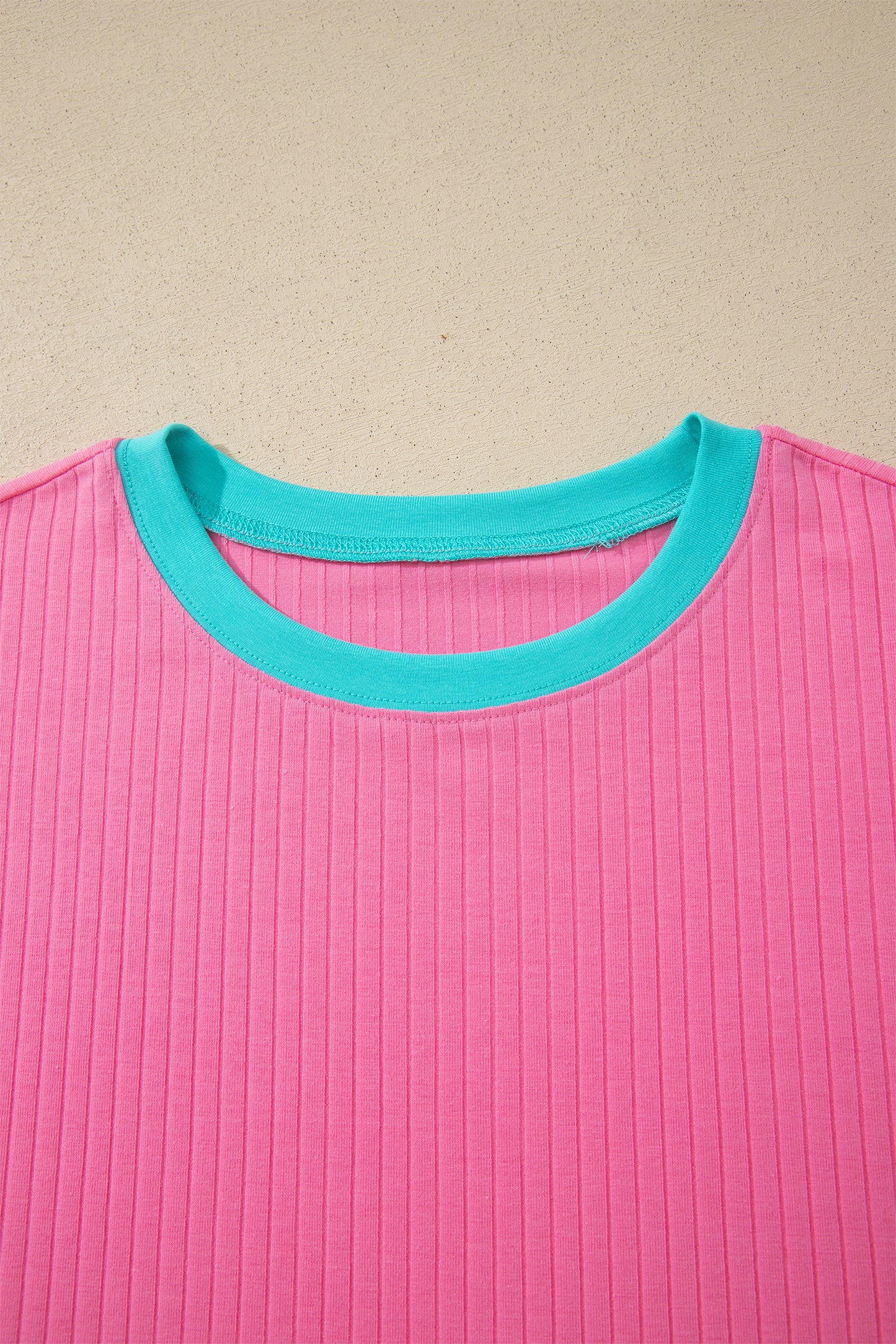 Clearly Aqua Soft Ribbed Color Block Trim Casual Short Set