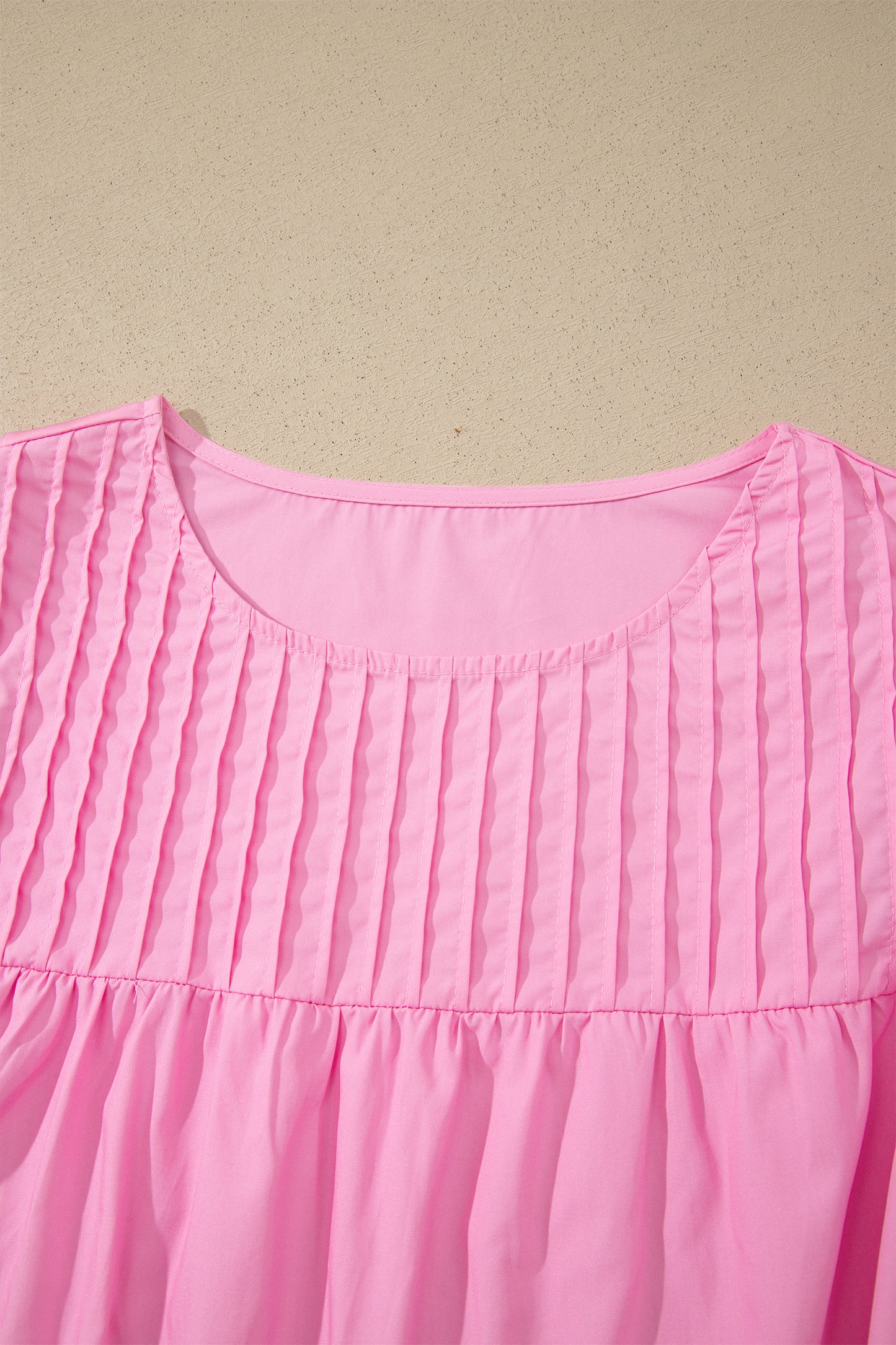 Bonbon Lace Detail Flutter Sleeve Pleated Round Neck Blouse