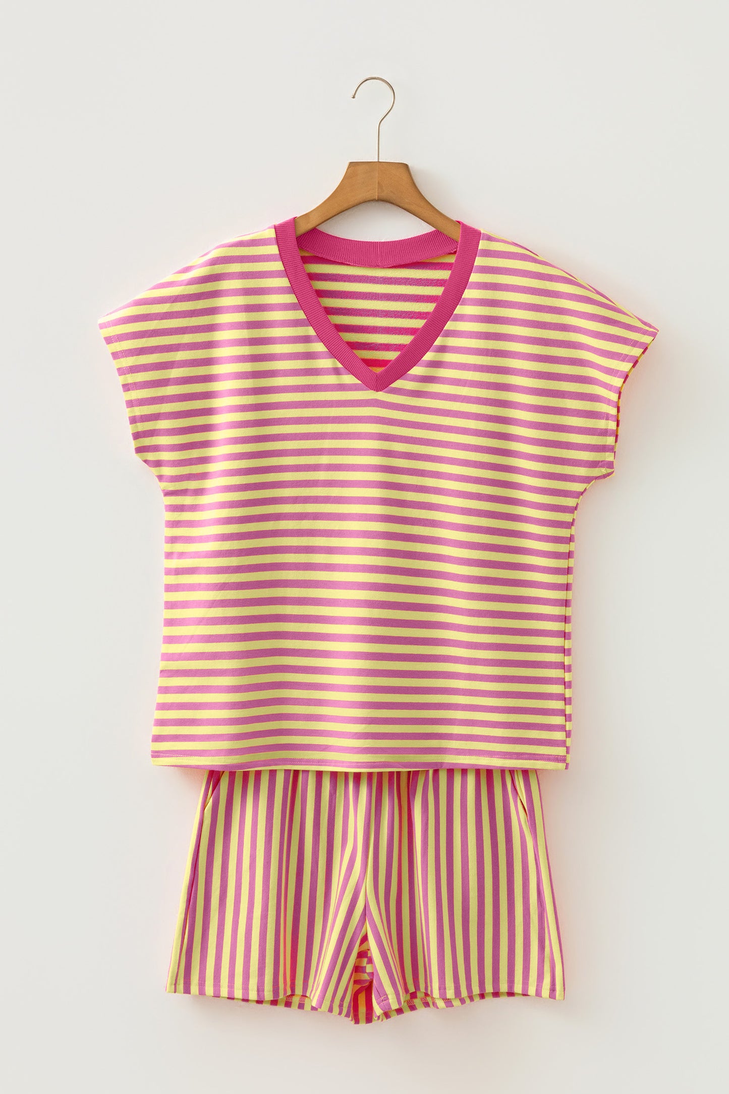 Green Stripe Colorblock Trim V Neck Tee Drawstring Elastic Waist Short Set