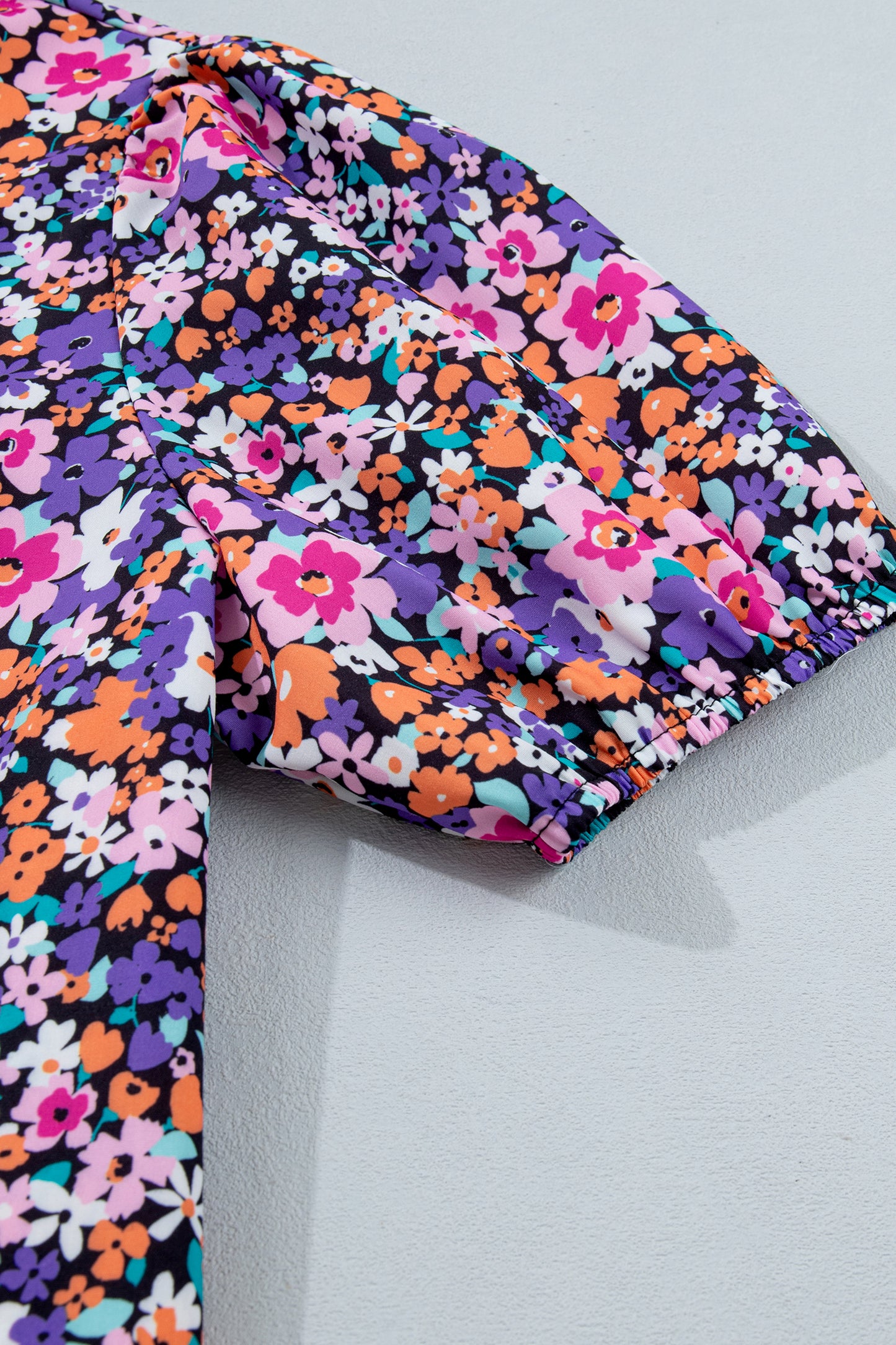 Purple Ditsy Floral Print Plaid Colorblock Trim V Neck Blouse