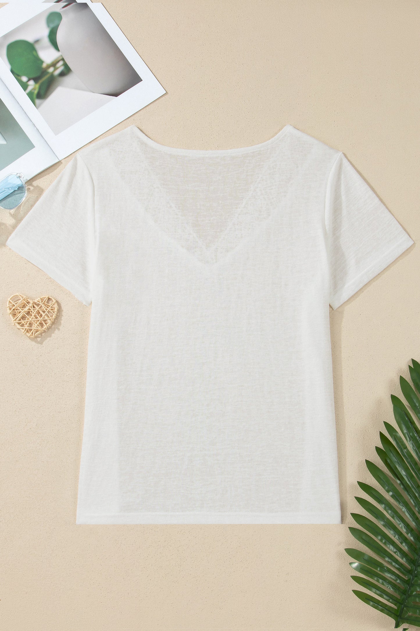 White Hollowed Lace Splicing V Neck T Shirt