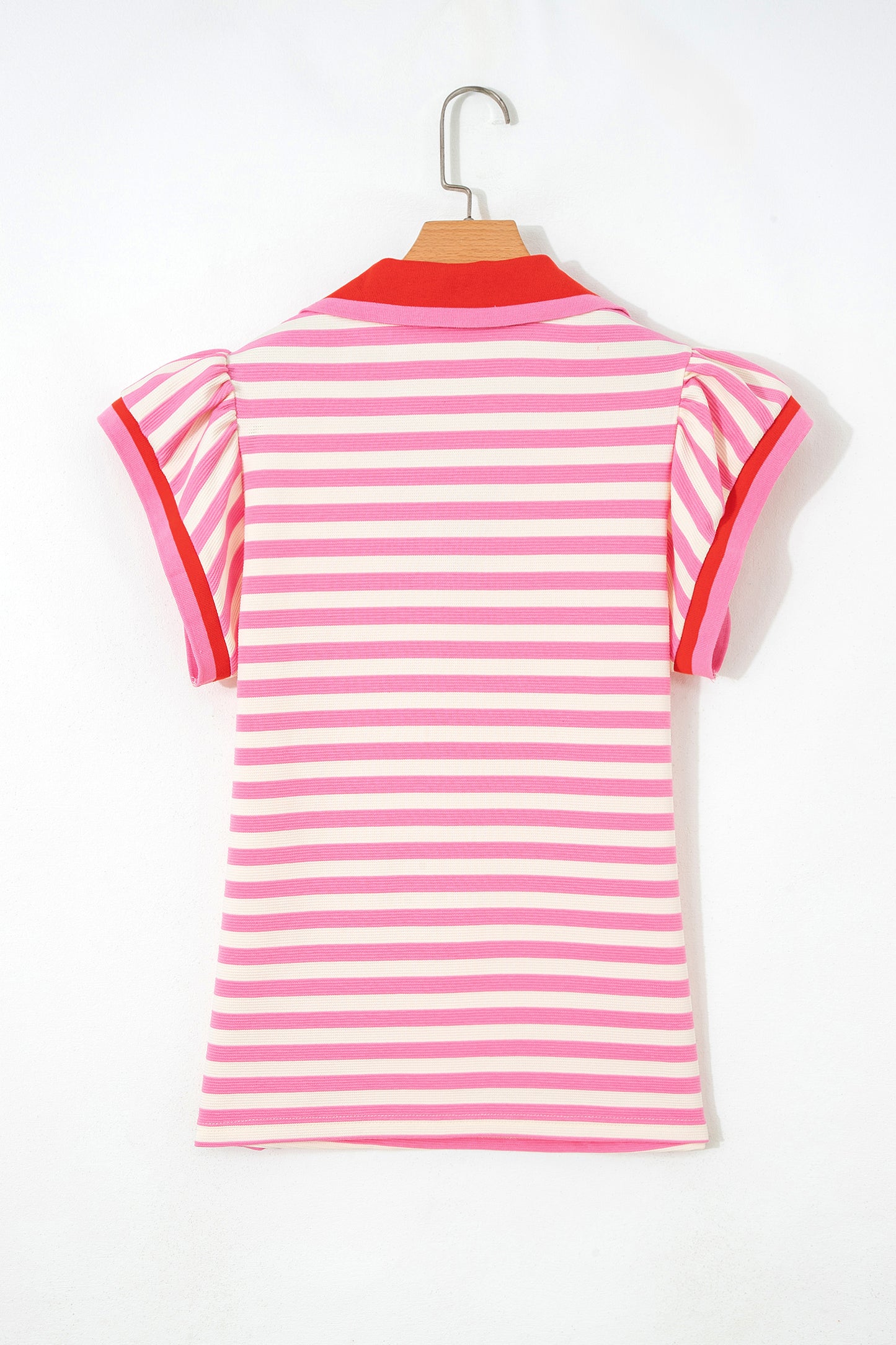 Blue Stripe Contrast Trim Polo Collar Ruffled Short Sleeve Blouse