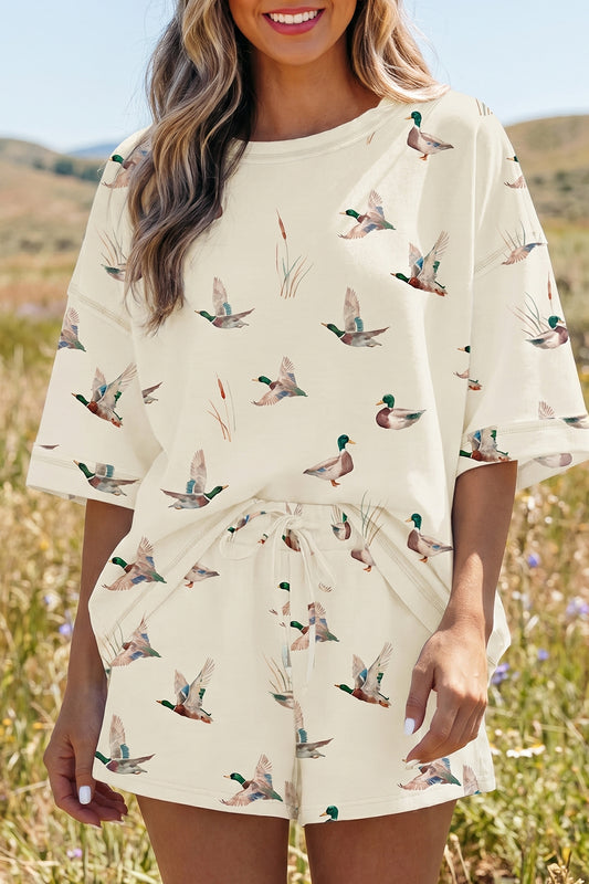 Beige Mallard Duck Print Oversized Tee Drawstring Short Set