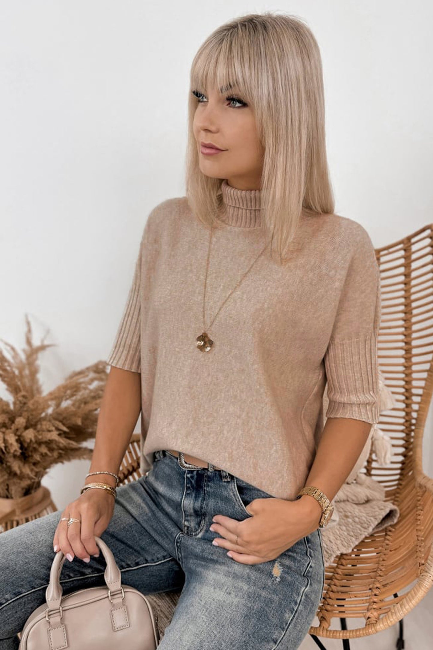 Beige High Neck Short Sleeve Solid Shift Sweater Regular Wash Casual Daily Wear