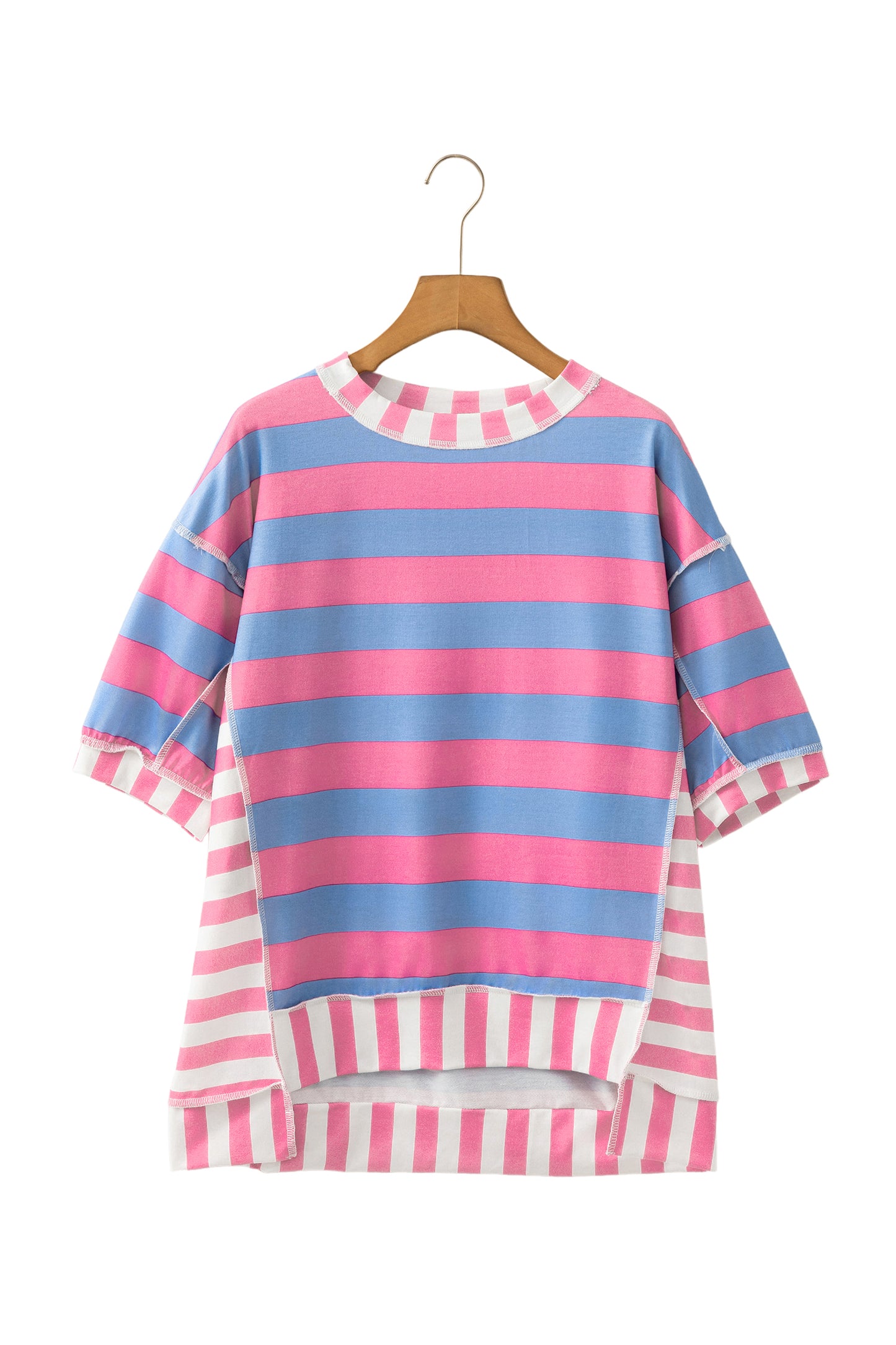 Pink Stripe Exposed Seam Contrast Patchwork Oversized Top