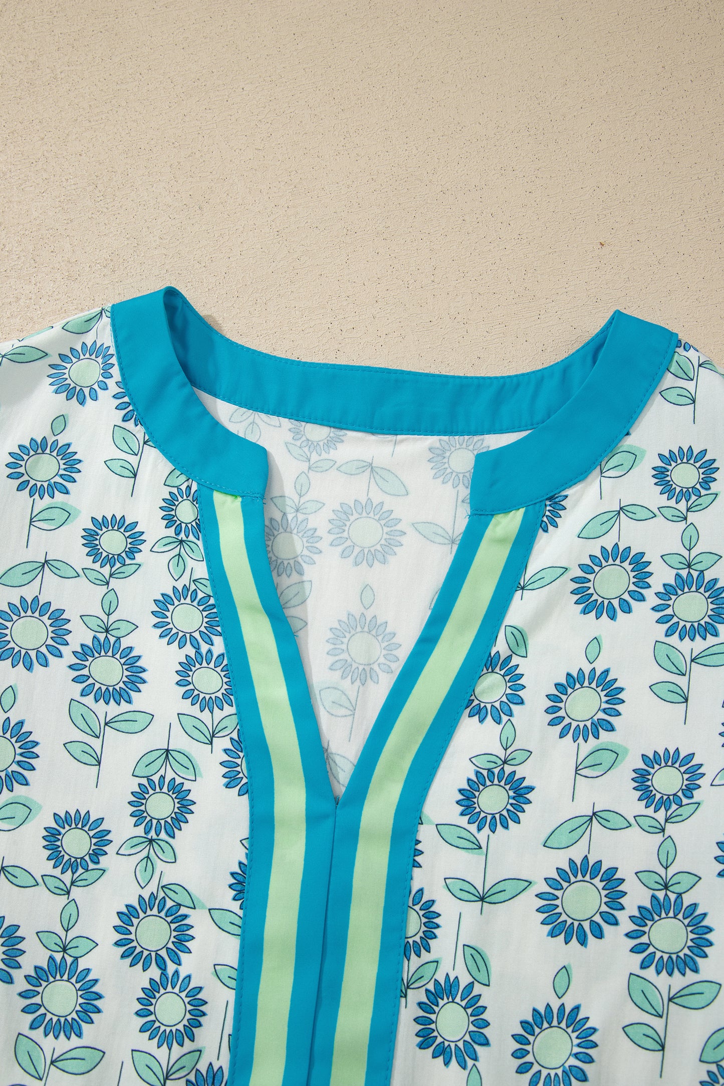 Green Sunflower Printed Contrast Trim V Neck Flutter Sleeve Blouse