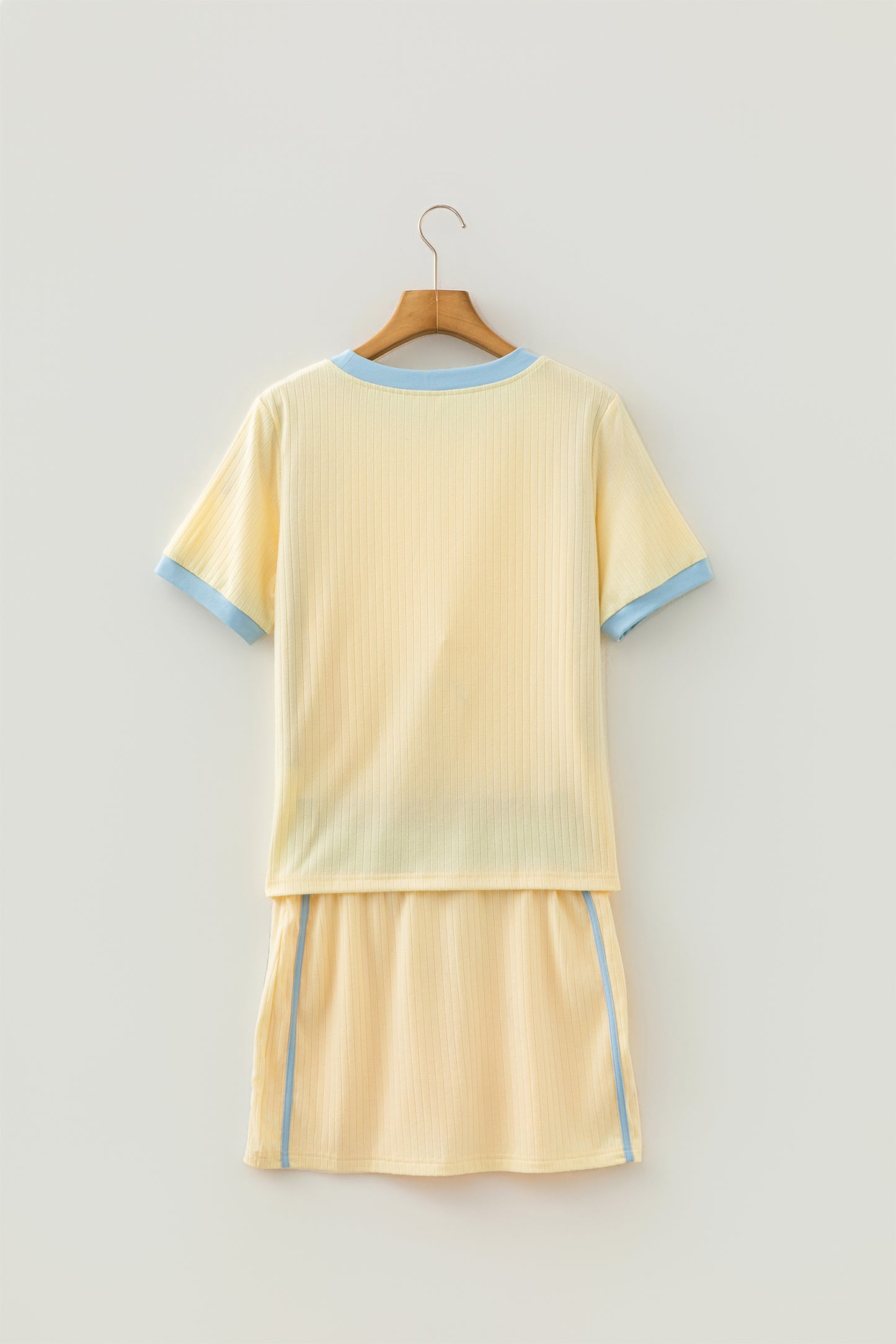Yellow Ribbed Knit Color Block Trim Tee and Drawstring Skirt Set
