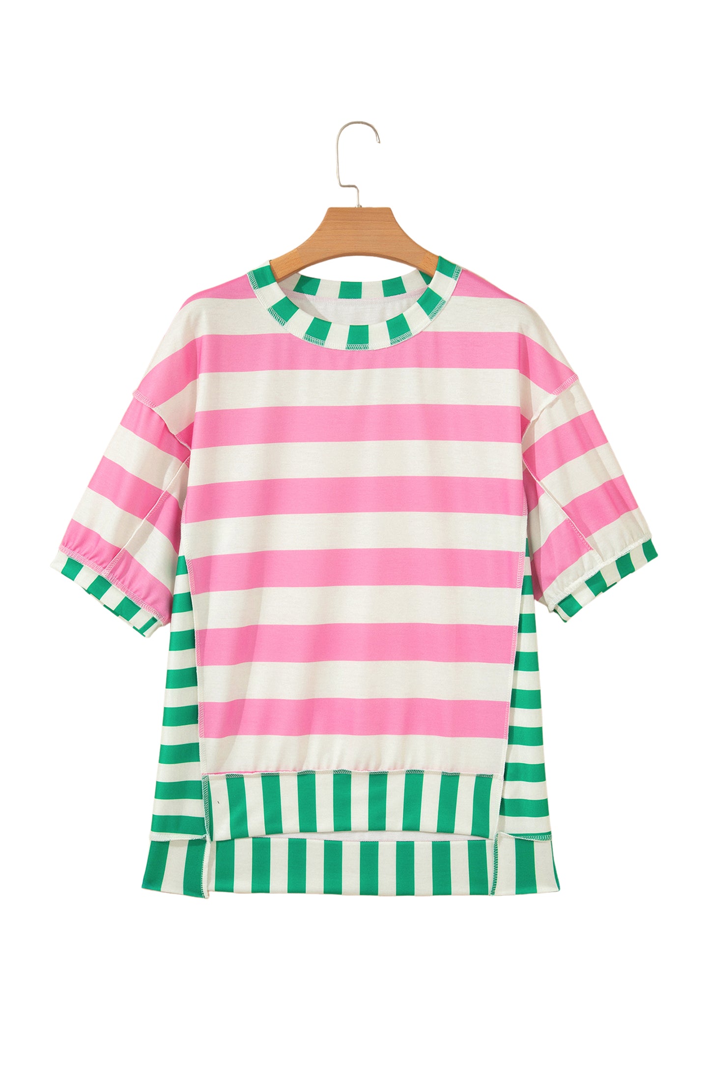 Pink Stripe Exposed Seam Contrast Patchwork Oversized Top