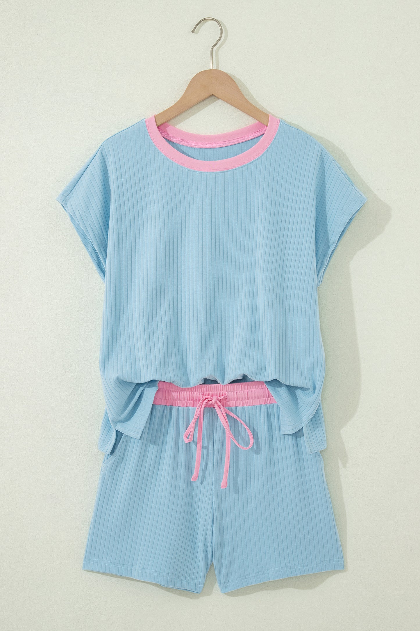 Clearly Aqua Soft Ribbed Color Block Trim Casual Short Set