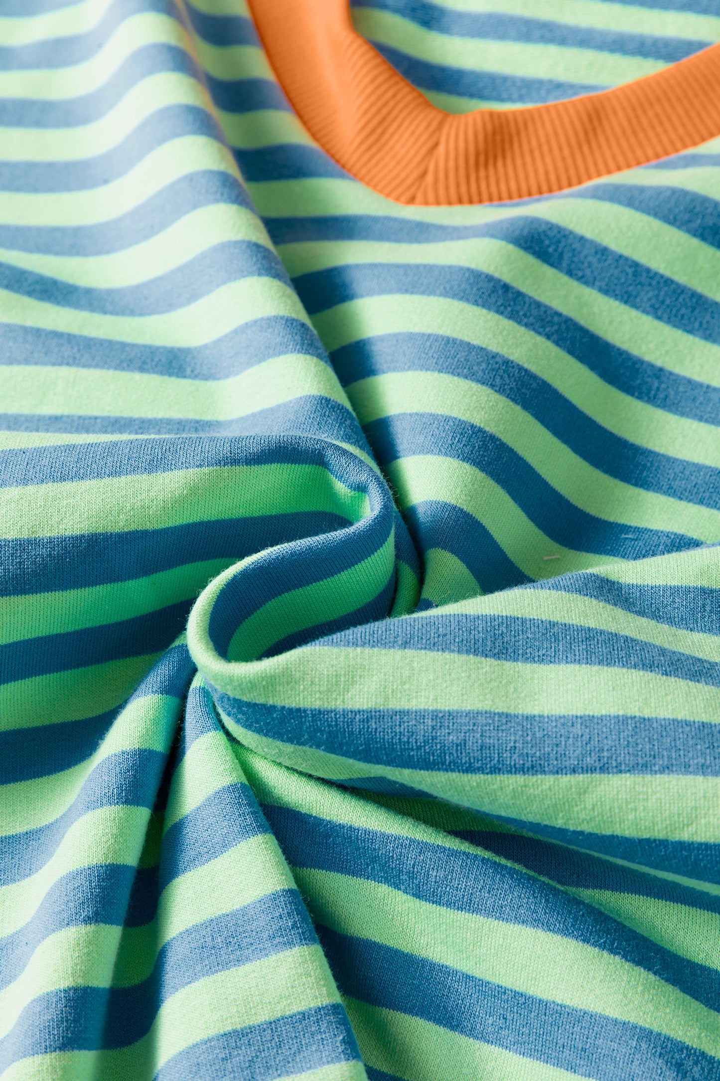 Green Stripe Colorblock Trim V Neck Tee Drawstring Elastic Waist Short Set