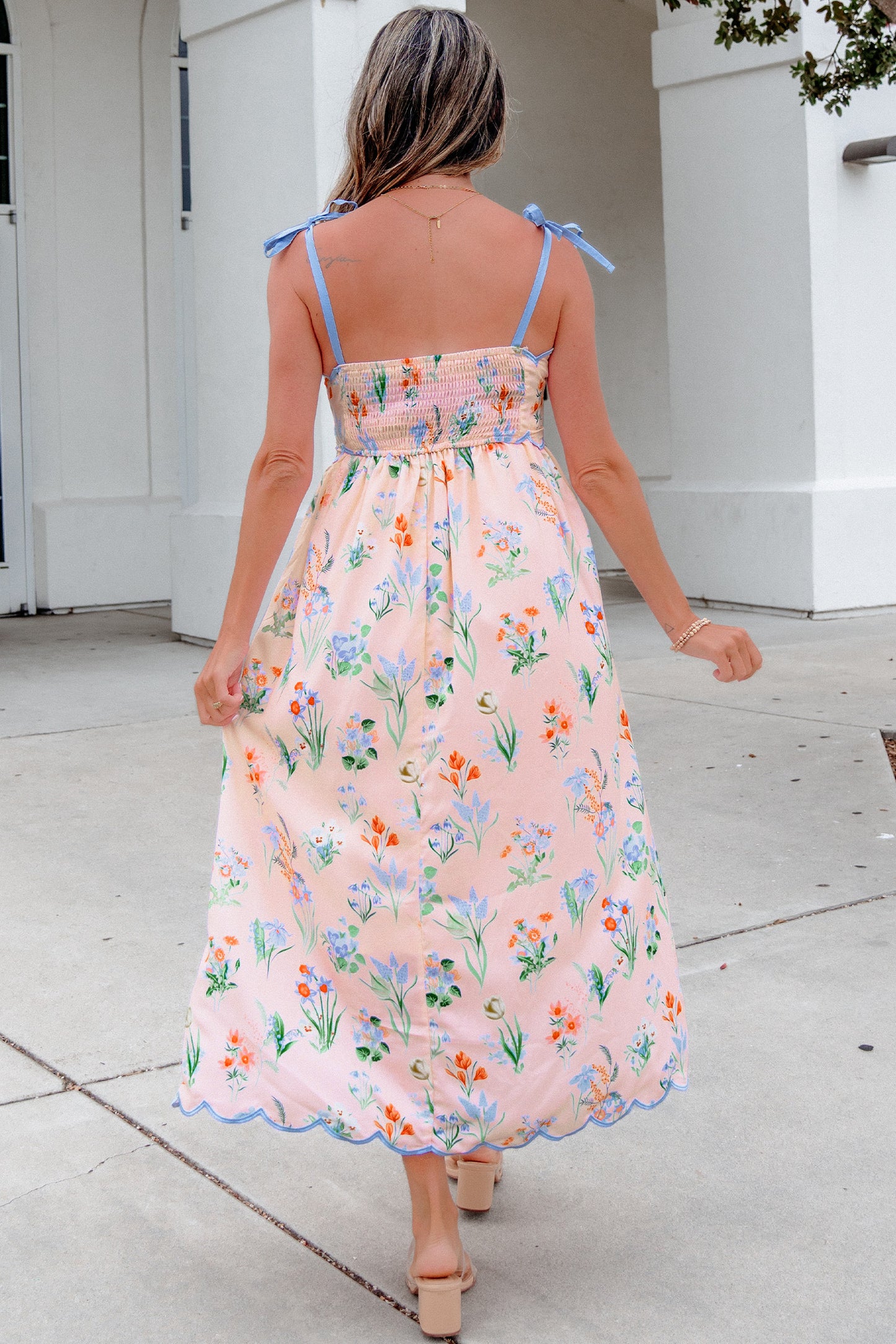 Yellow Floral Print Contrast Trim Self-tie Straps High Waist Midi Dress