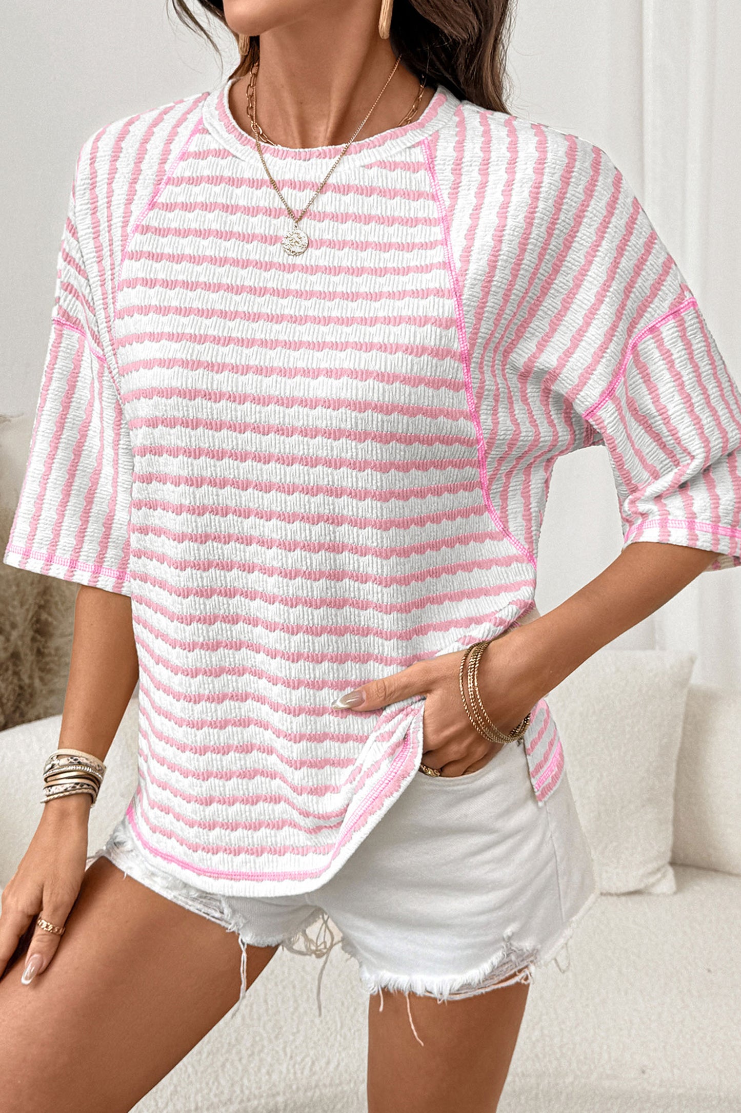 Sky Blue Stripe Textured Knit Split Hem Half Sleeve Loose Top