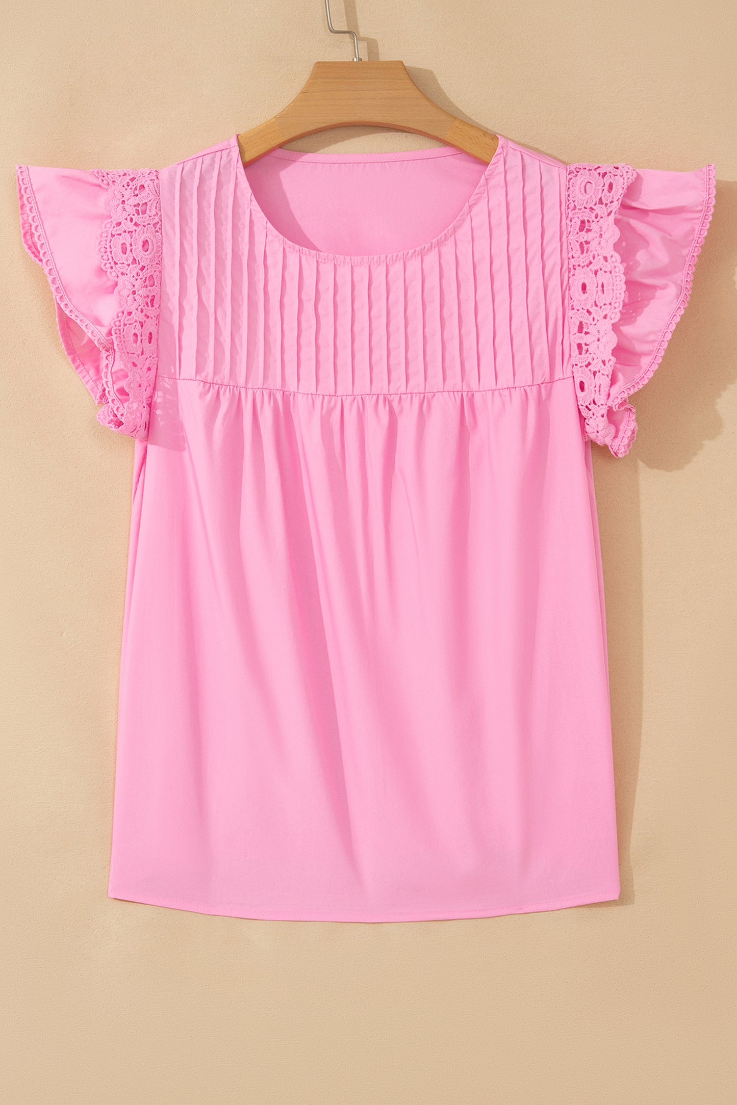 Bonbon Lace Detail Flutter Sleeve Pleated Round Neck Blouse