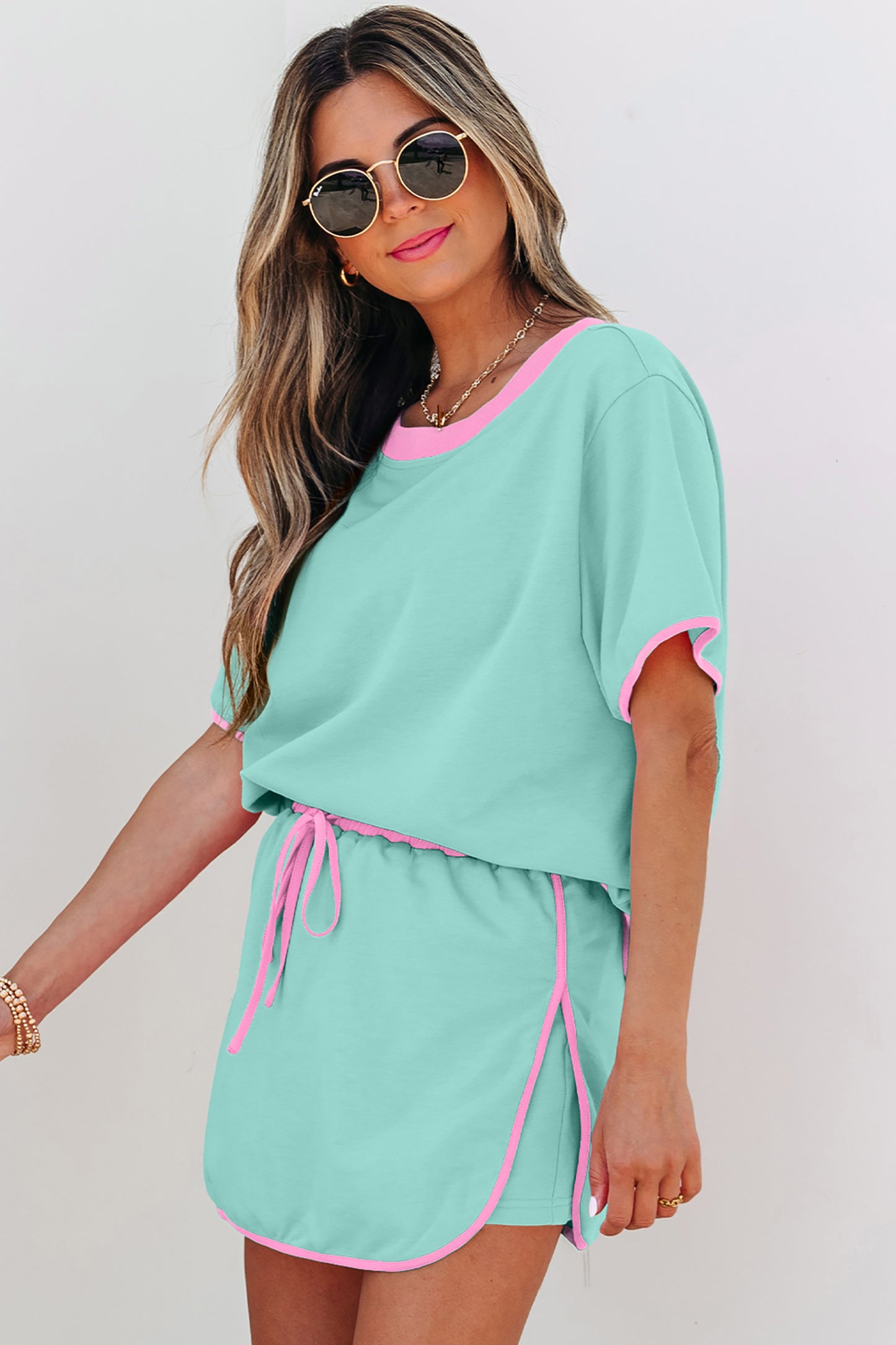 Apricot Colorblock Edge Drop Shoulder T Shirt and Skort 2Pcs Set