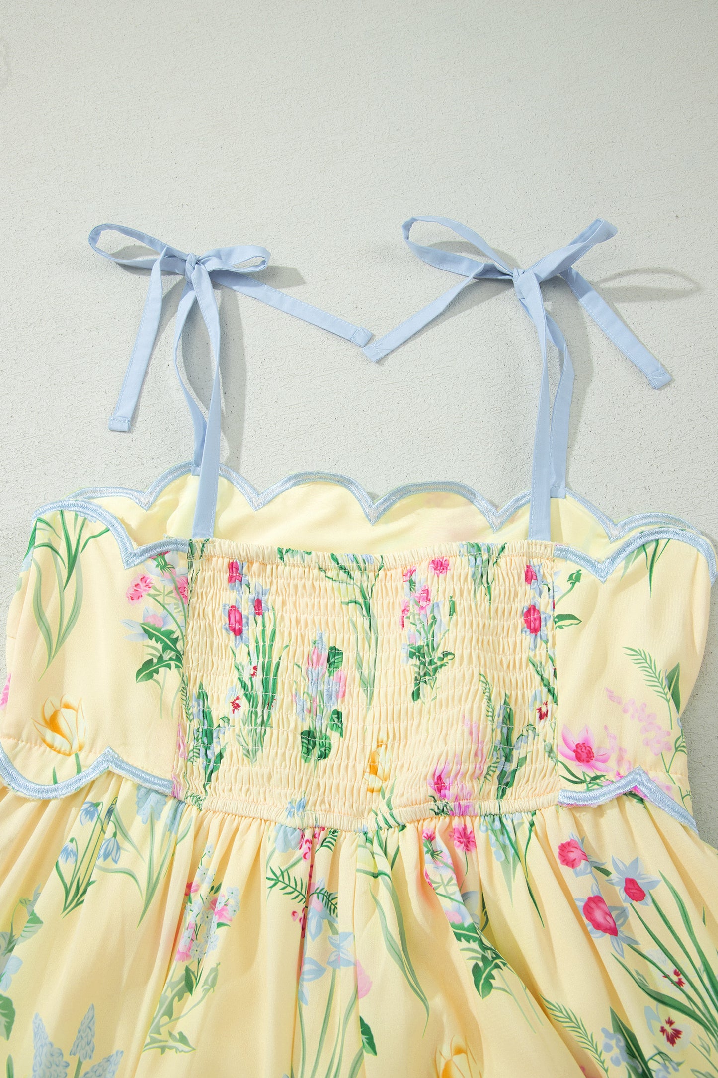 Yellow Floral Print Contrast Trim Self-tie Straps High Waist Midi Dress