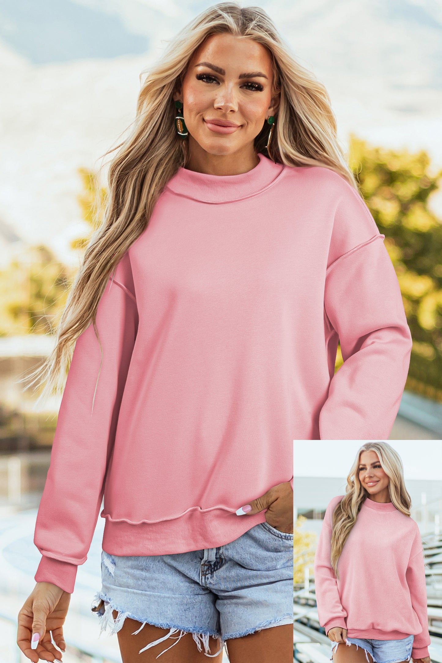 Light Pink Oversize Drop Shoulder Reversible Mock Neck Sweatshirt