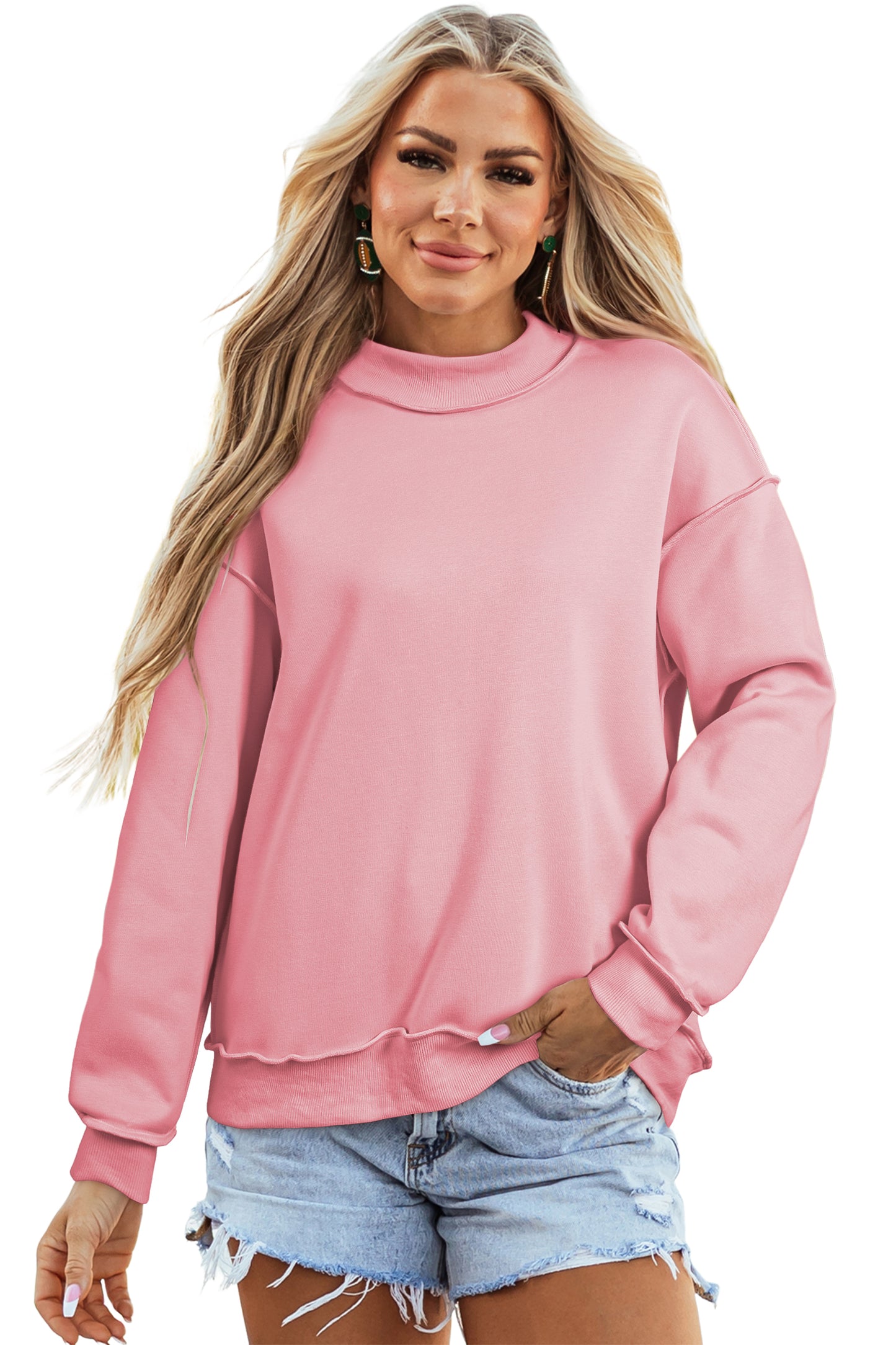 Light Pink Oversize Drop Shoulder Reversible Mock Neck Sweatshirt