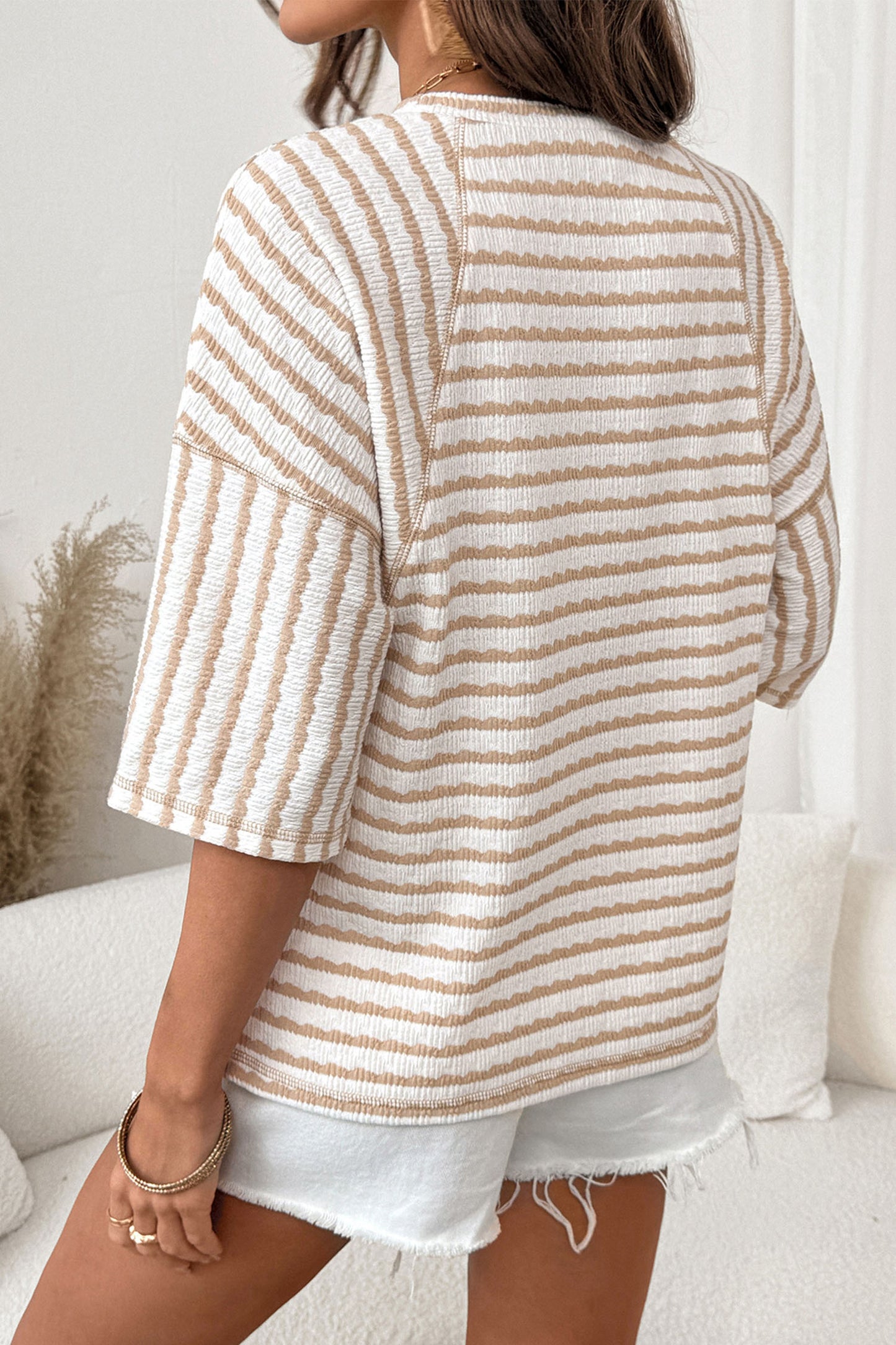 Sky Blue Stripe Textured Knit Split Hem Half Sleeve Loose Top