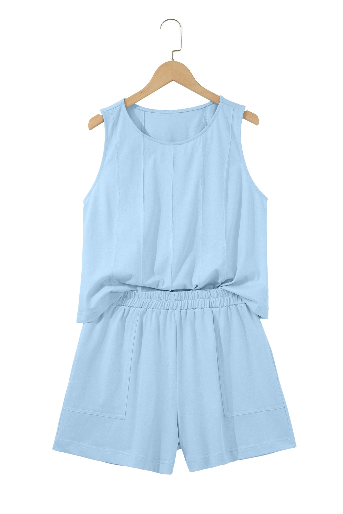Pink Stitched Detail Loose Tank Top Cotton 2pcs Short Set