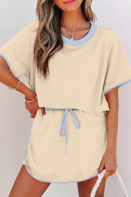 Apricot Colorblock Edge Drop Shoulder T Shirt and Skort 2Pcs Set
