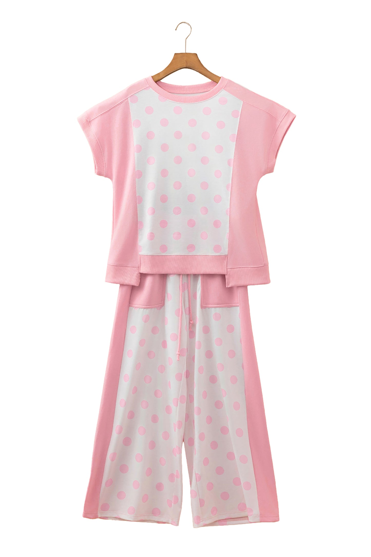 Yellow Color Block Patchwork Polka Dot Wide Leg Pant Set