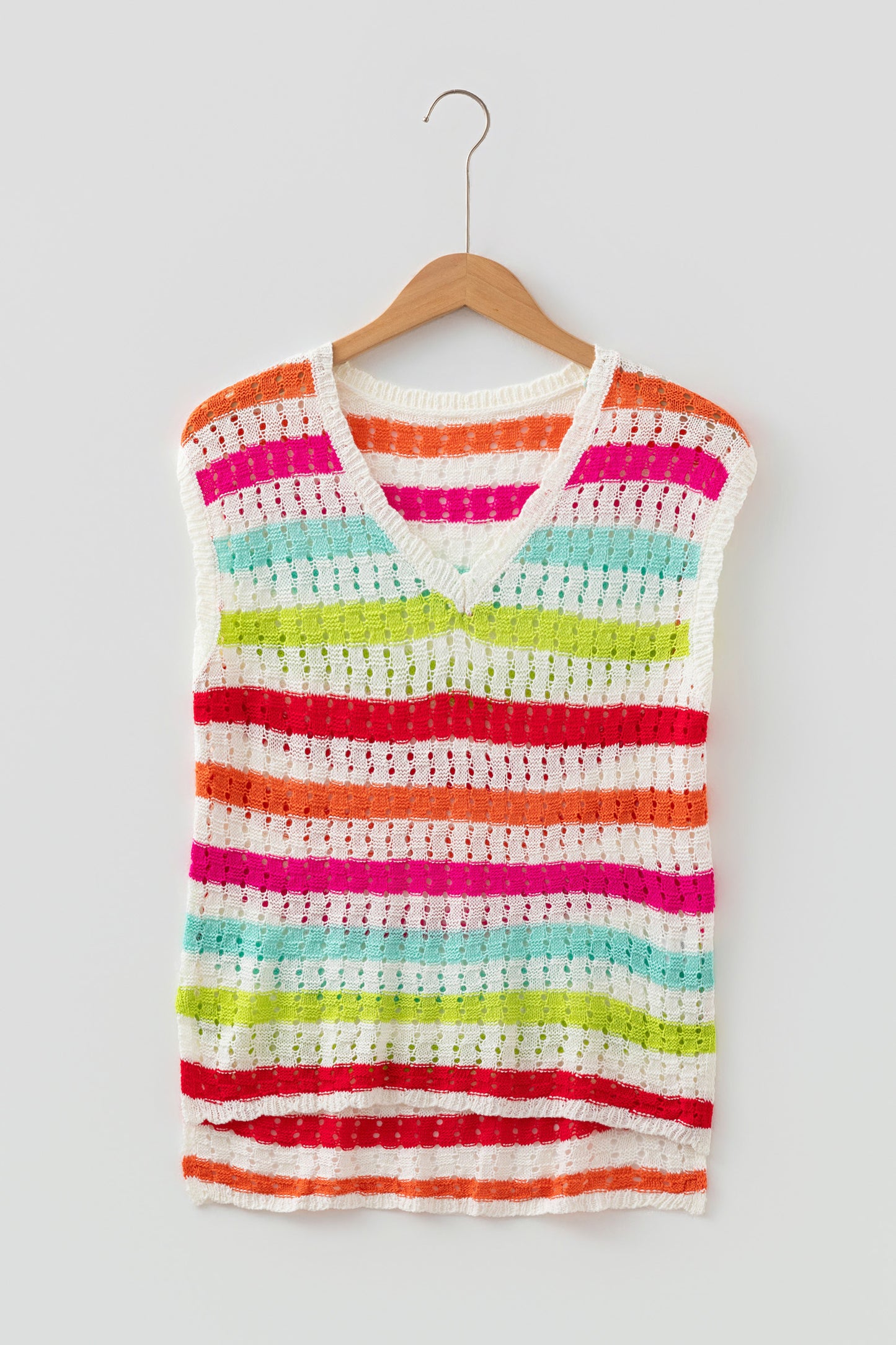 Multicolour Striped Eyelet Knit V Neck Sweater Tee