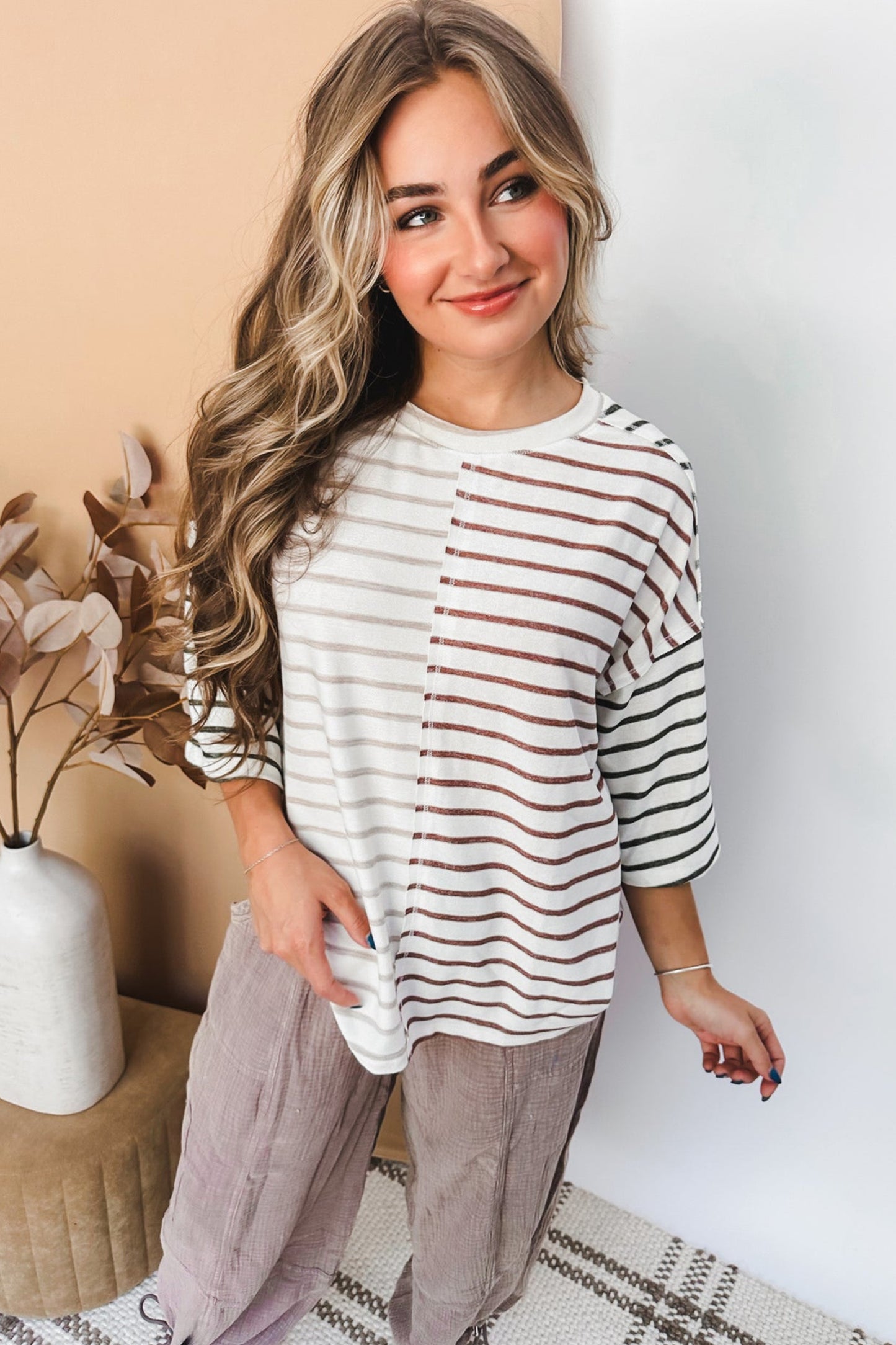 Pink Stripe Colorblock 3/4 Sleeve Loose T Shirt