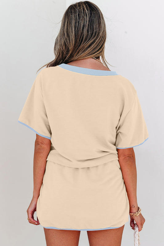 Apricot Colorblock Edge Drop Shoulder T Shirt and Skort 2Pcs Set