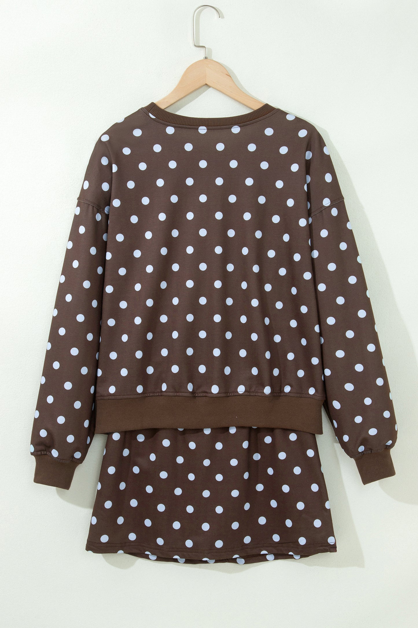 Brown Polka Dot Long Sleeve Pullover Embroidered Bow Detail 2pcs Skort Set