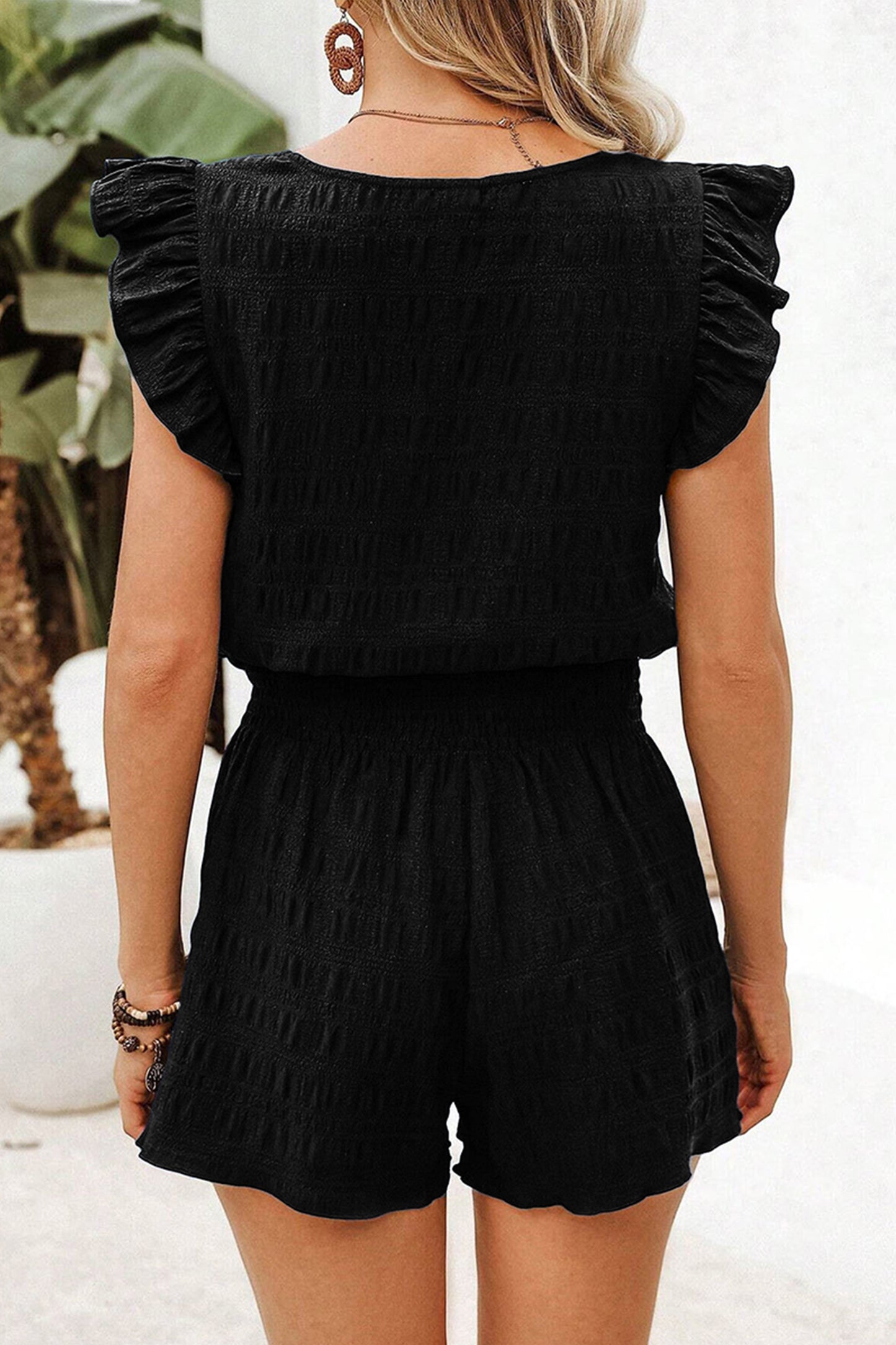 Black Textured Square Neck Top and Shirred High Waist Shorts Set