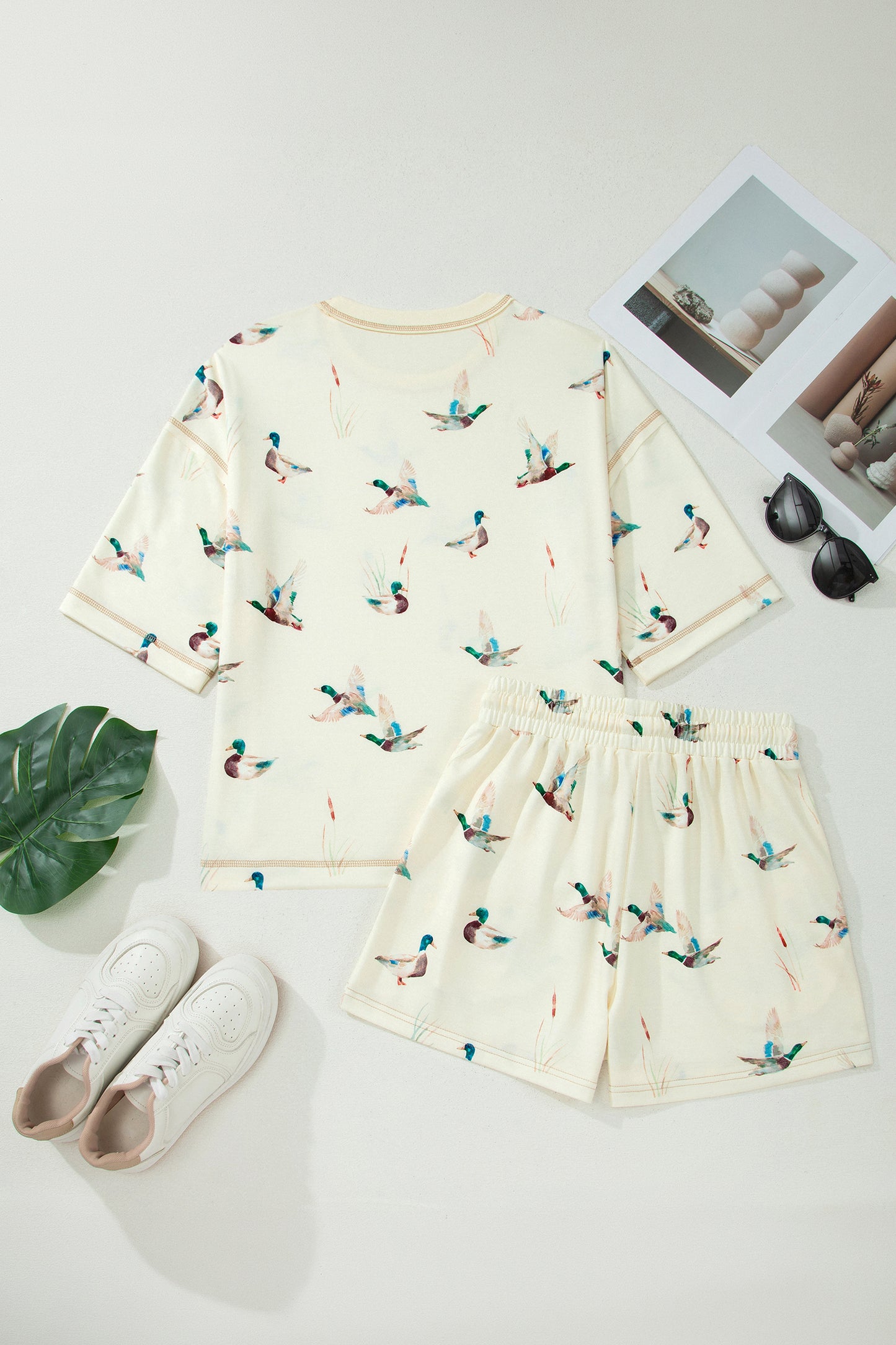 Beige Mallard Duck Print Oversized Tee Drawstring Short Set