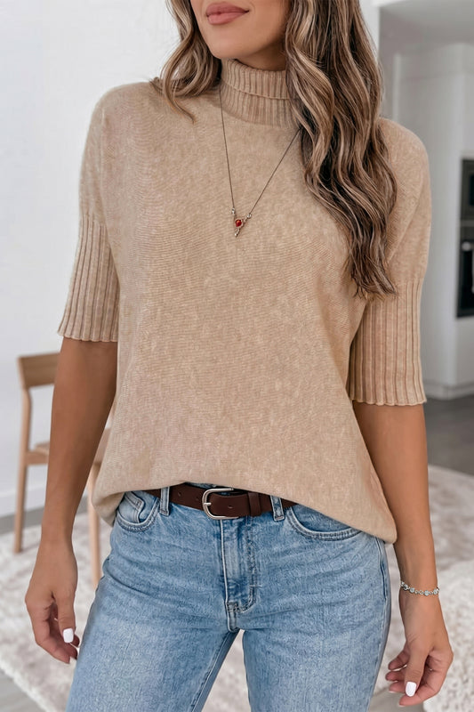 Beige High Neck Short Sleeve Solid Shift Sweater Regular Wash Casual Daily Wear