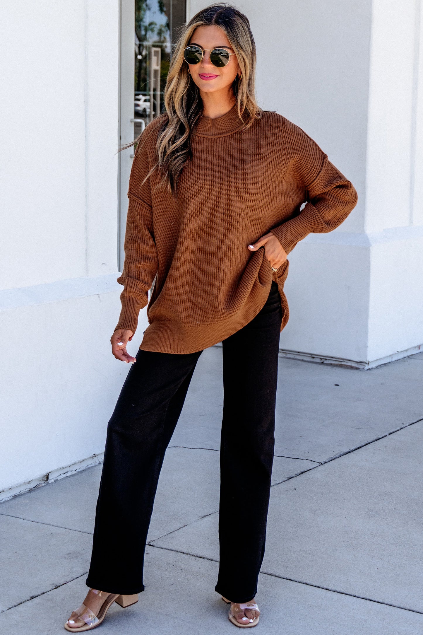 Orchid Bouquet Solid Color Mock Neck Oversized Tunic Sweater