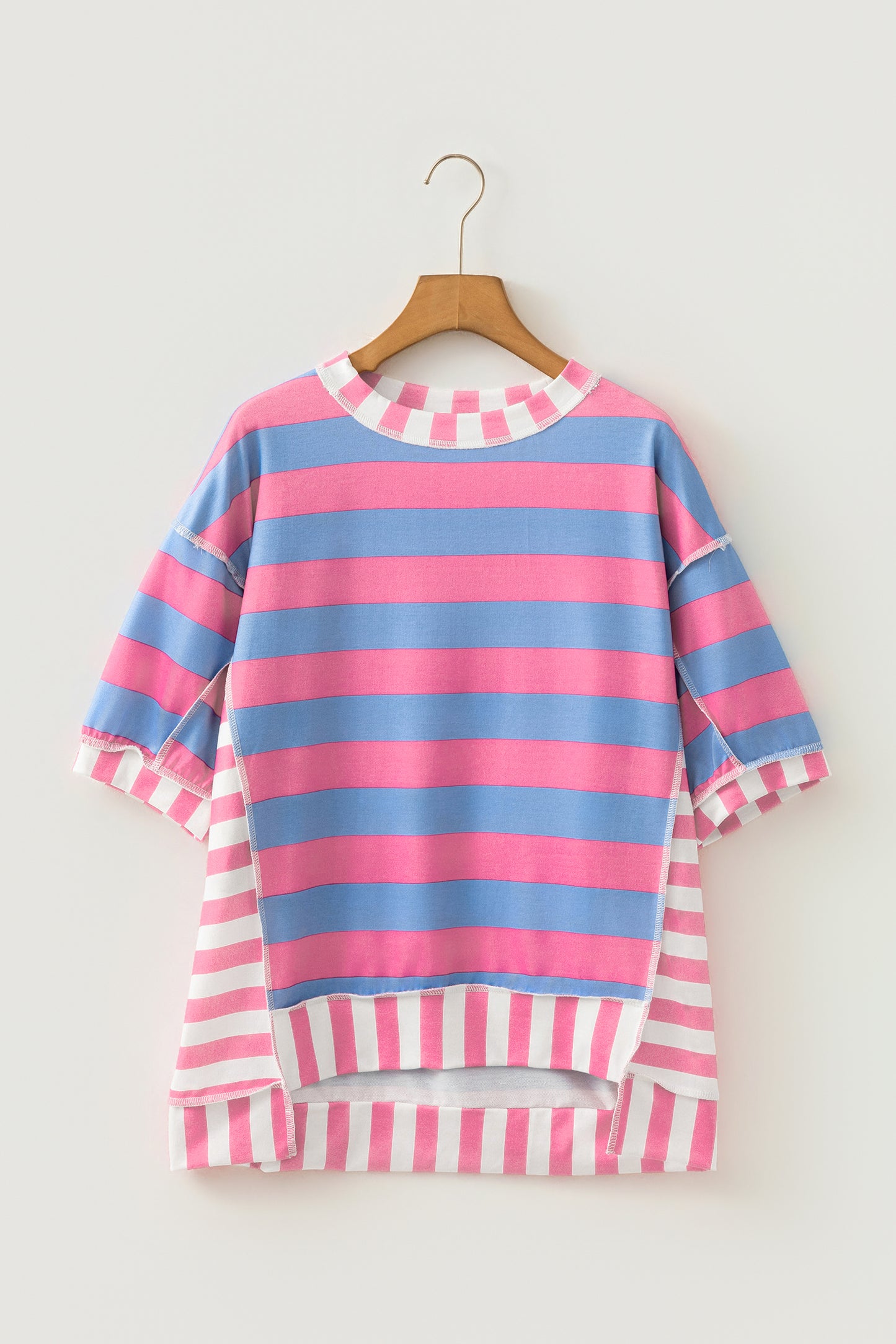 Pink Stripe Exposed Seam Contrast Patchwork Oversized Top