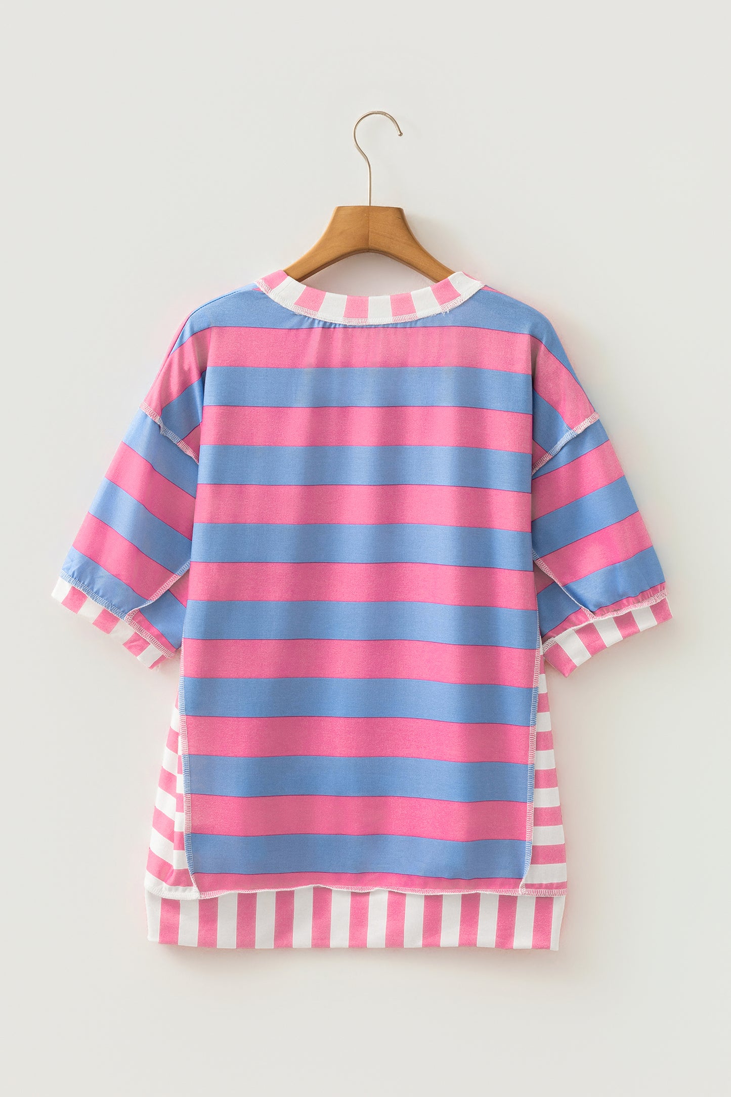 Pink Stripe Exposed Seam Contrast Patchwork Oversized Top