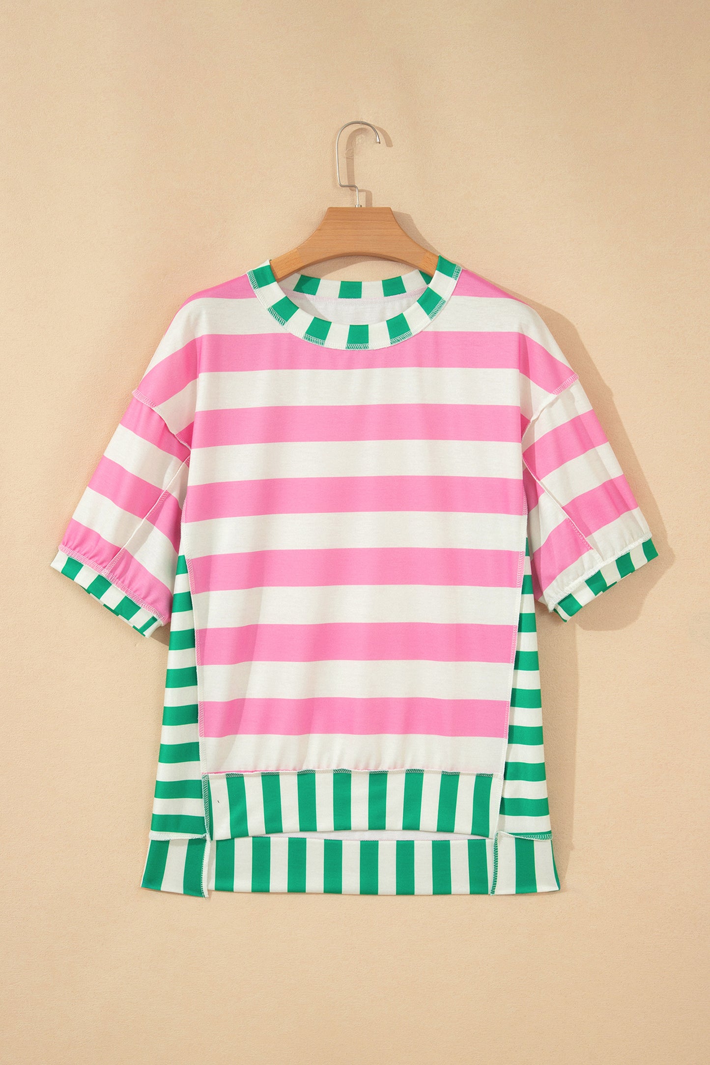 Pink Stripe Exposed Seam Contrast Patchwork Oversized Top