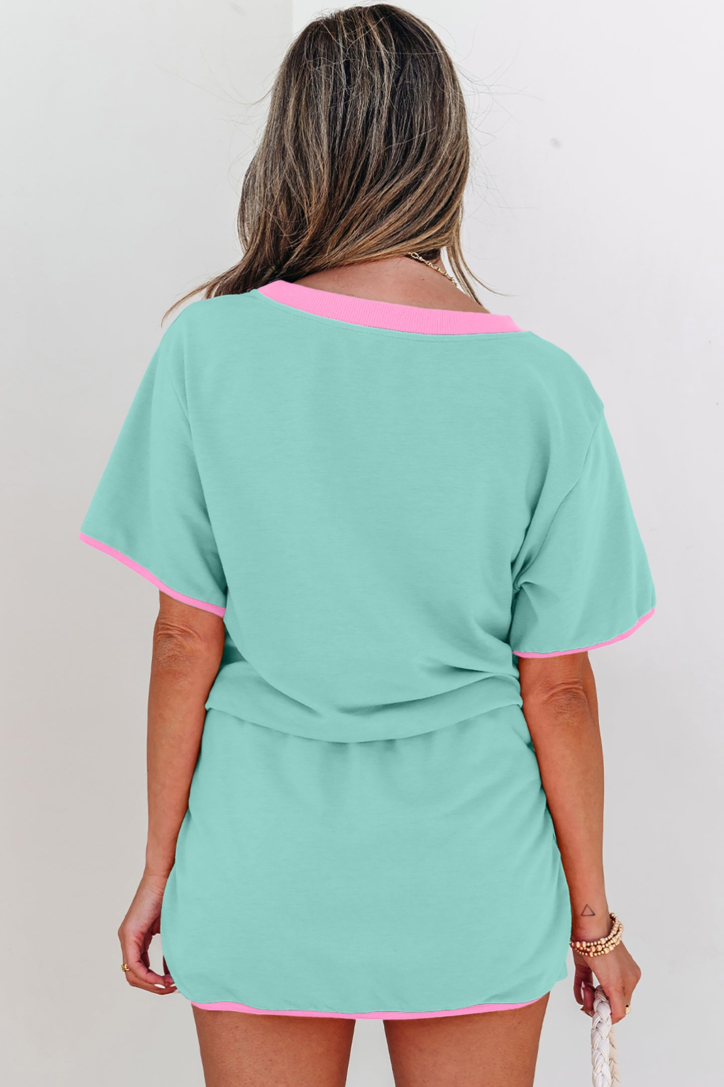 Apricot Colorblock Edge Drop Shoulder T Shirt and Skort 2Pcs Set