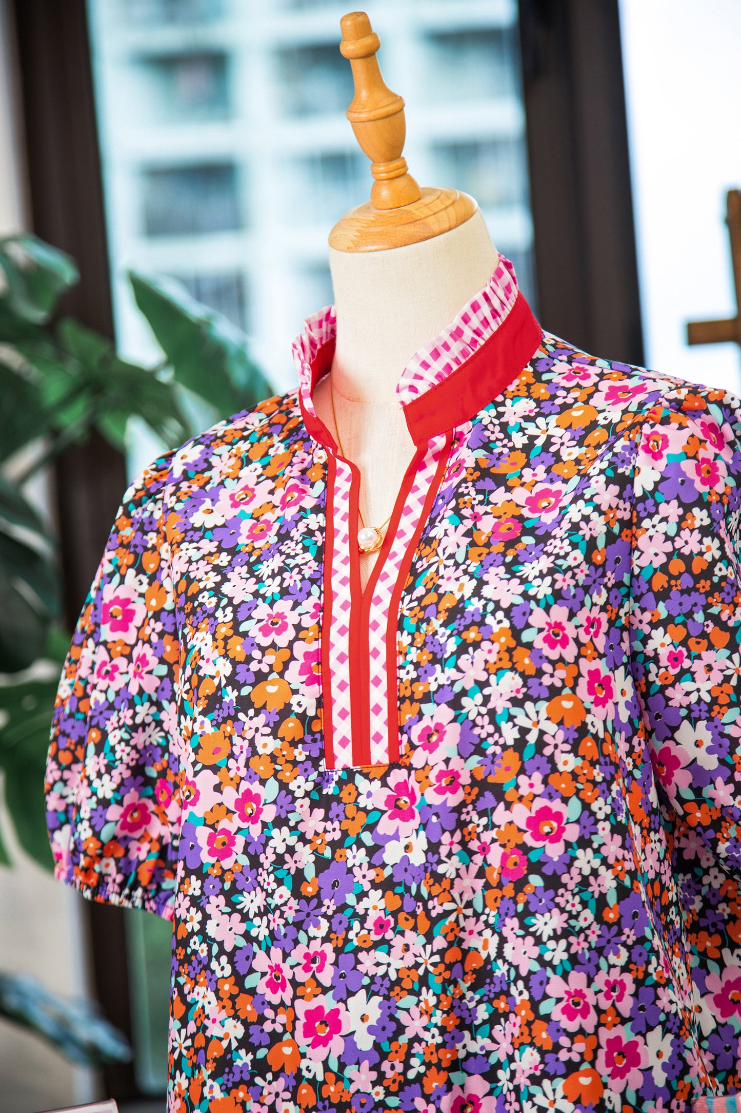 Purple Ditsy Floral Print Plaid Colorblock Trim V Neck Blouse