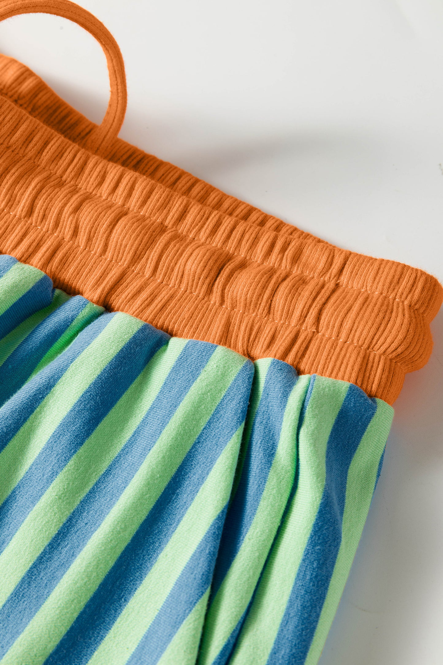 Green Stripe Colorblock Trim V Neck Tee Drawstring Elastic Waist Short Set