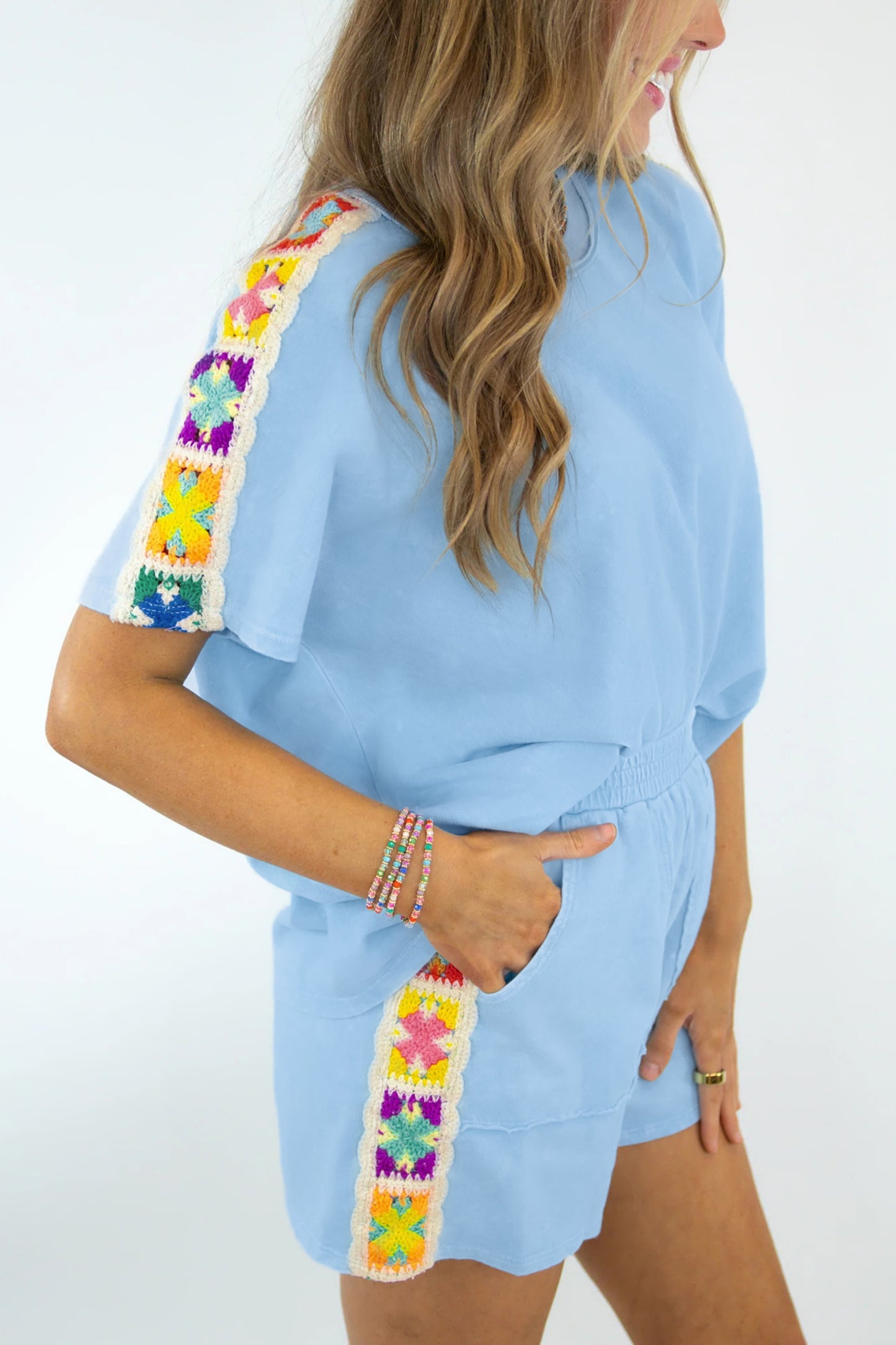 Mist Blue Granny Square Crochet Detail Short 2pcs Set